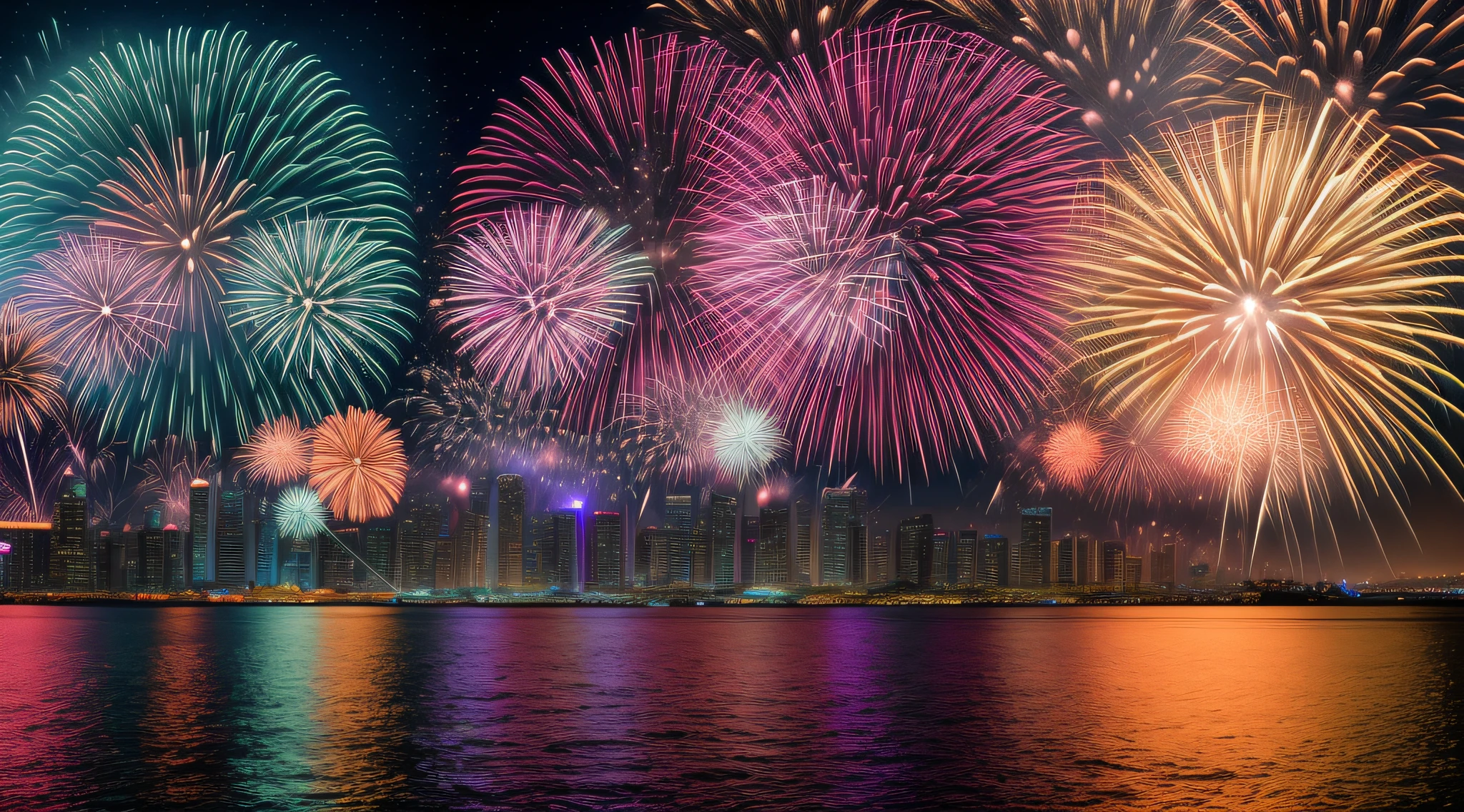 (((realistic photography))), RAW Photo, cg unity, photography, ultra realistic details, sharp focus, detailed skin,4k, high-res, masterpiece, best quality, realistic, vibrant:1.2, 8k,4k, fireworks are lit up over a city skyline at night, [ fireworks in the sky ]!!, fireworks in background, fireworks in the background, happy!!!, fireworks, fireworks on the background, future!!, firework, vivid!!, new years eve, rendering, high resolution!!, shutterstock, beautiful!!, beautiful colorful, vivid colors!!