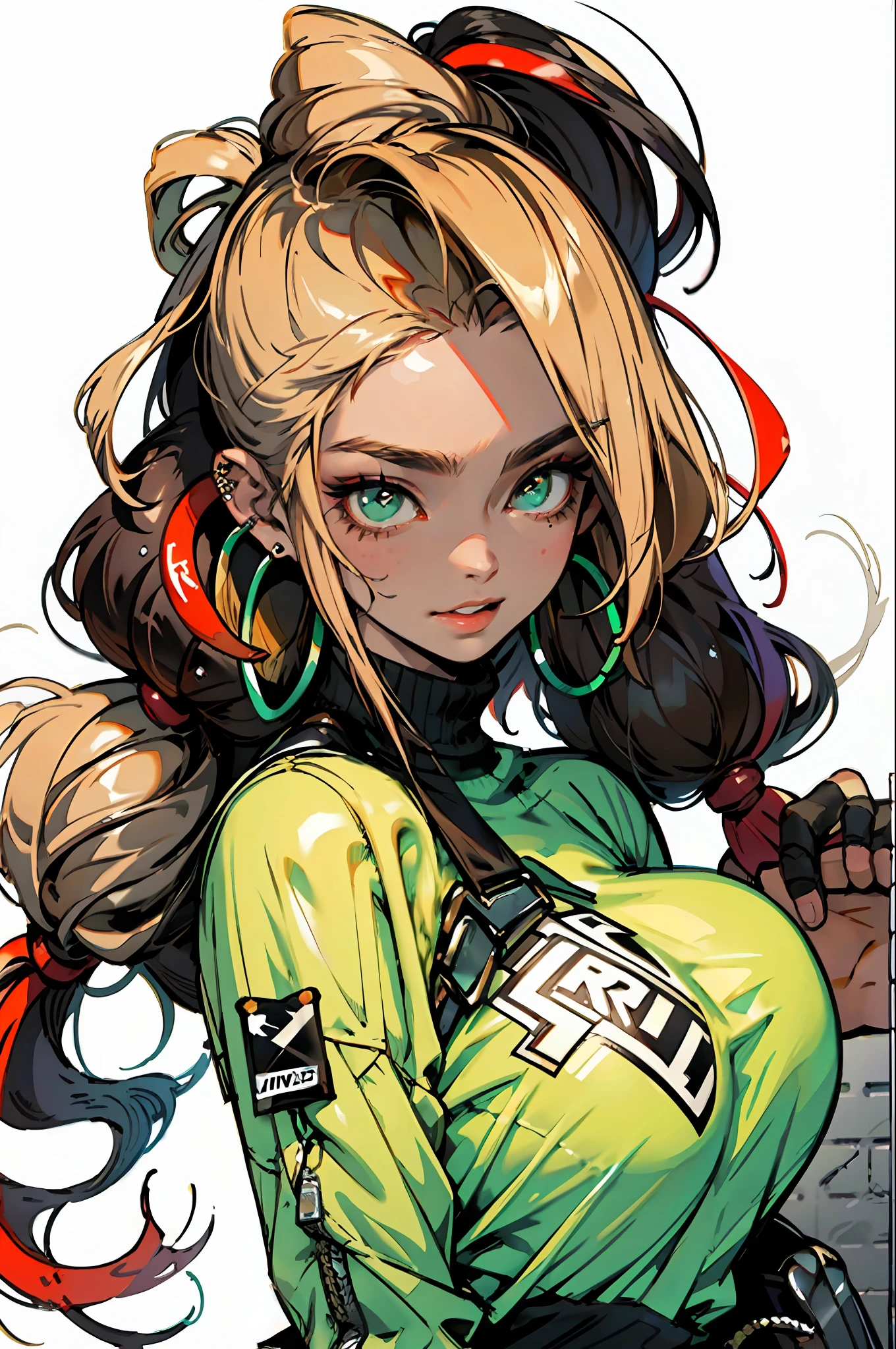 (masterpiece: 1.2, best quality), 1lady, solo, upper body, big breasts, cool hairstyle, blonde
Dark skinny jeans, rock star, cool, piercing, party, oversized sweater, ankle boots, multicolored hair, dreadlocks, confidence, sexuality
Loose waves, central part
Simple hoop earrings
Green Park