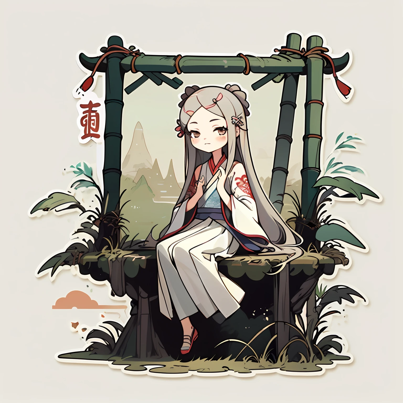 1 sticker, handbook, (sticker, 1 girl, Chinese Ming Dynasty clothes, gorgeous collared top, pleated long skirt, hanfu, embroidery, hairpin, bamboo, moss, pavilion), white stroke, bezel, watercolor, light background, simple background, minimum, cute, tiny, pastel color, vector style, no gradient,