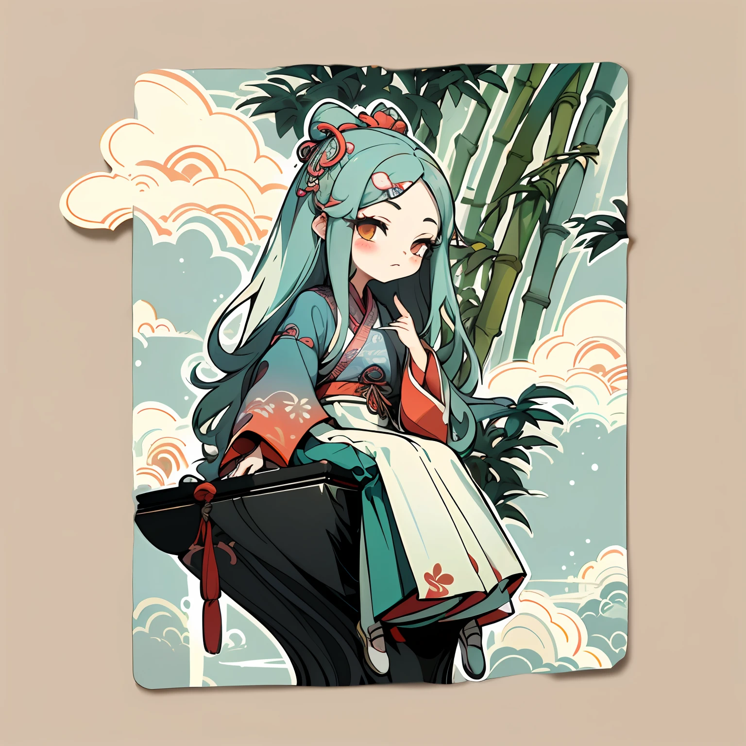 1 sticker, handbook, (sticker, 1 girl, Chinese Ming Dynasty clothes, gorgeous collared top, pleated long skirt, hanfu, embroidery, hairpin, bamboo, moss, pavilion), white stroke, bezel, watercolor, light background, simple background, minimum, cute, tiny, pastel color, vector style, no gradient,