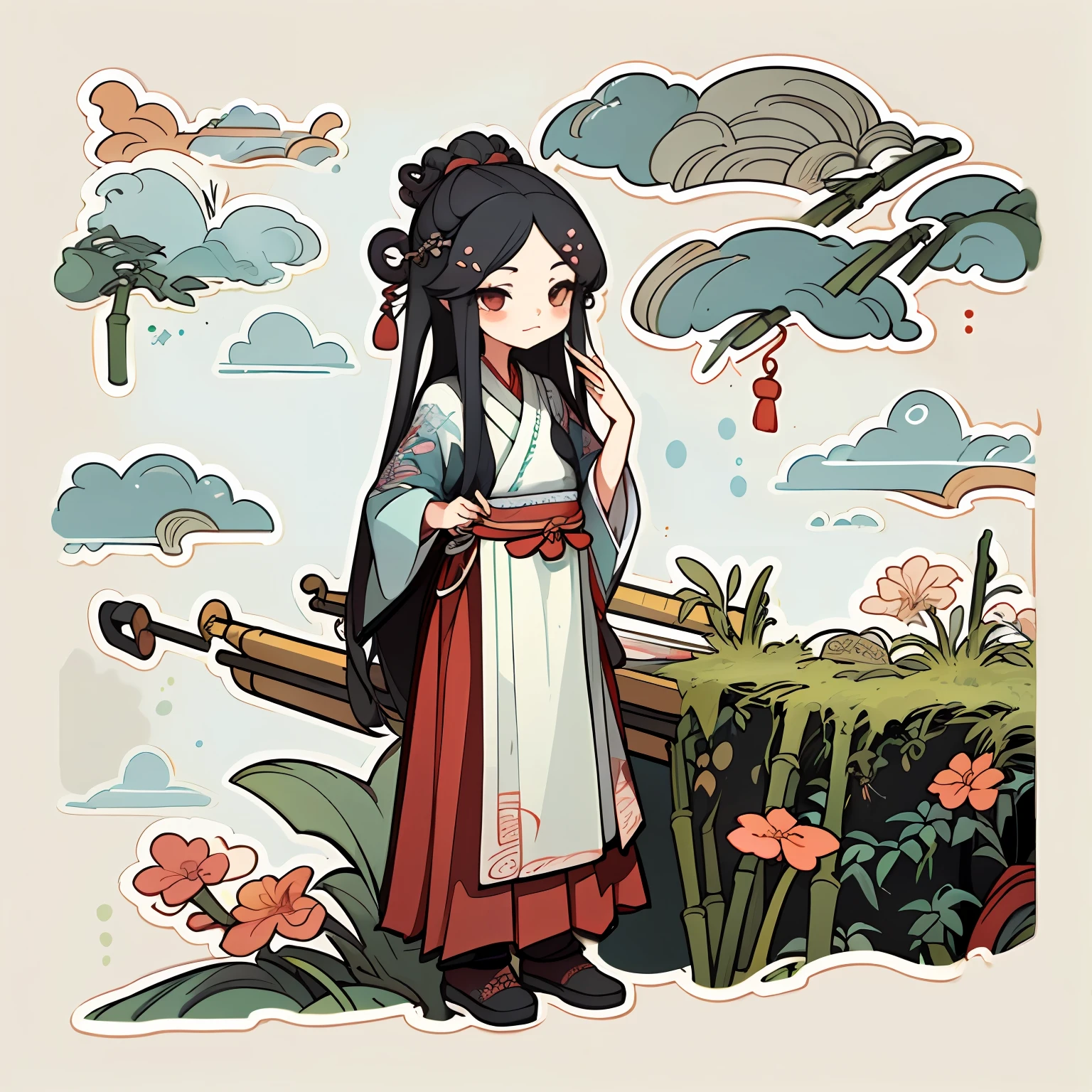 1 sticker, handbook, (sticker, 1 girl, Chinese Ming Dynasty clothes, gorgeous collared top, pleated long skirt, hanfu, embroidery, hairpin, bamboo, moss, pavilion), white stroke, bezel, watercolor, light background, simple background, minimum, cute, tiny, pastel color, vector style, no gradient,