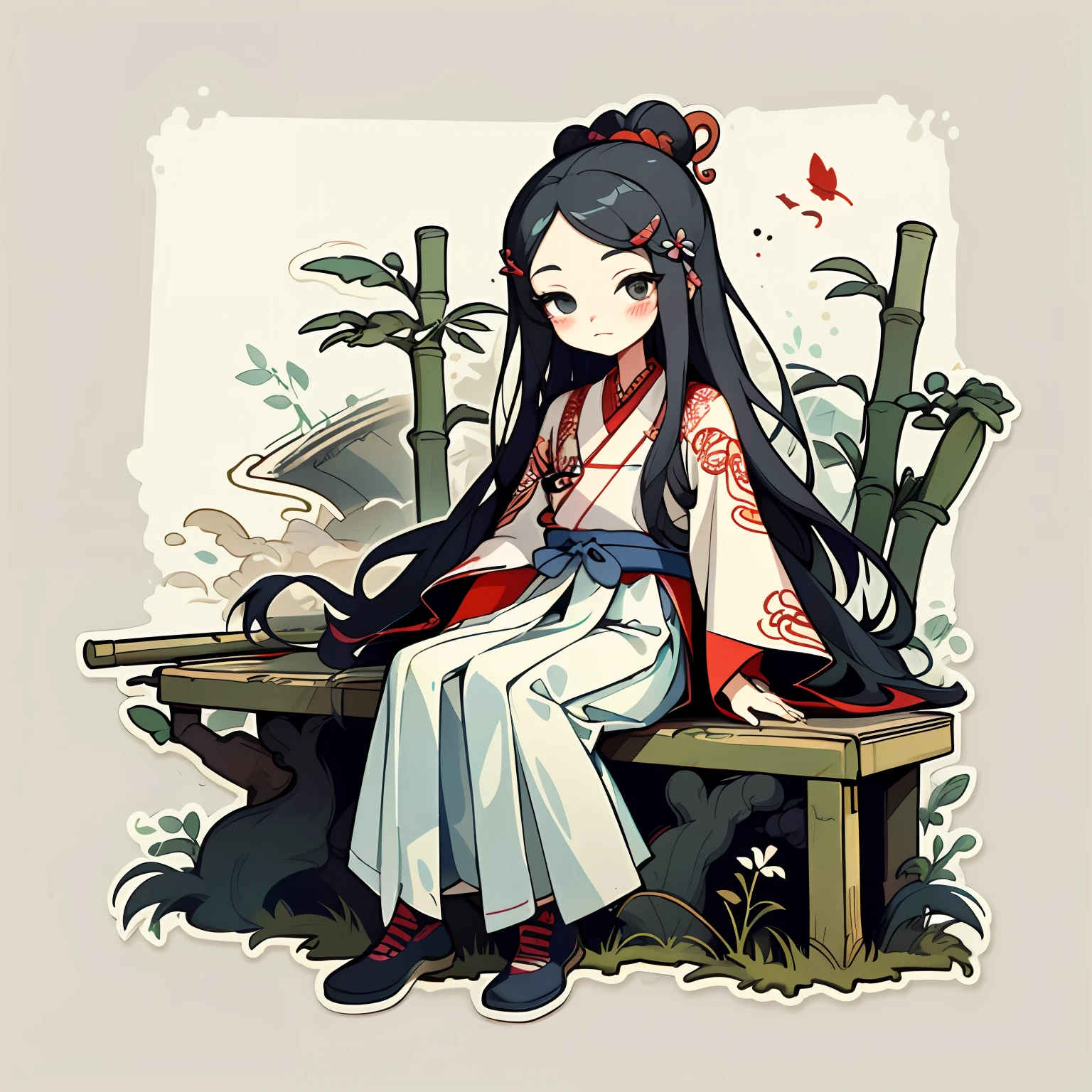1 sticker, handbook, (sticker, 1 girl, Chinese Ming Dynasty clothes, gorgeous collared top, pleated long skirt, hanfu, embroidery, hairpin, bamboo, moss, pavilion), white stroke, bezel, watercolor, light background, simple background, minimum, cute, tiny, pastel color, vector style, no gradient,