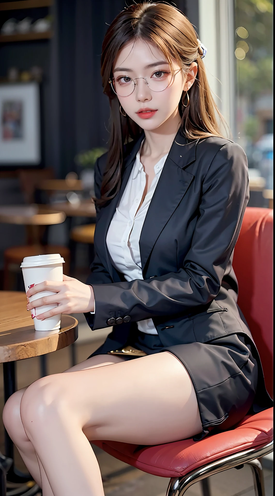 A stylish Chinese beauty, she wears a well-tailored suit, paired with a pair of slim heels, showing elegance and confidence, in a café, drinking coffee, eyes staring at the camera, coffee cup in hand, kanzashi, rim glasses, long eyelashes, amber eyes, crystal earrings, parted lips, hair pulled back, hair strands, hyper-realistic, close-up, f/4.0, 35mm, textured skin, uhd, uhd, uhd, retina, masterpiece, high resolution, best quality, 8k