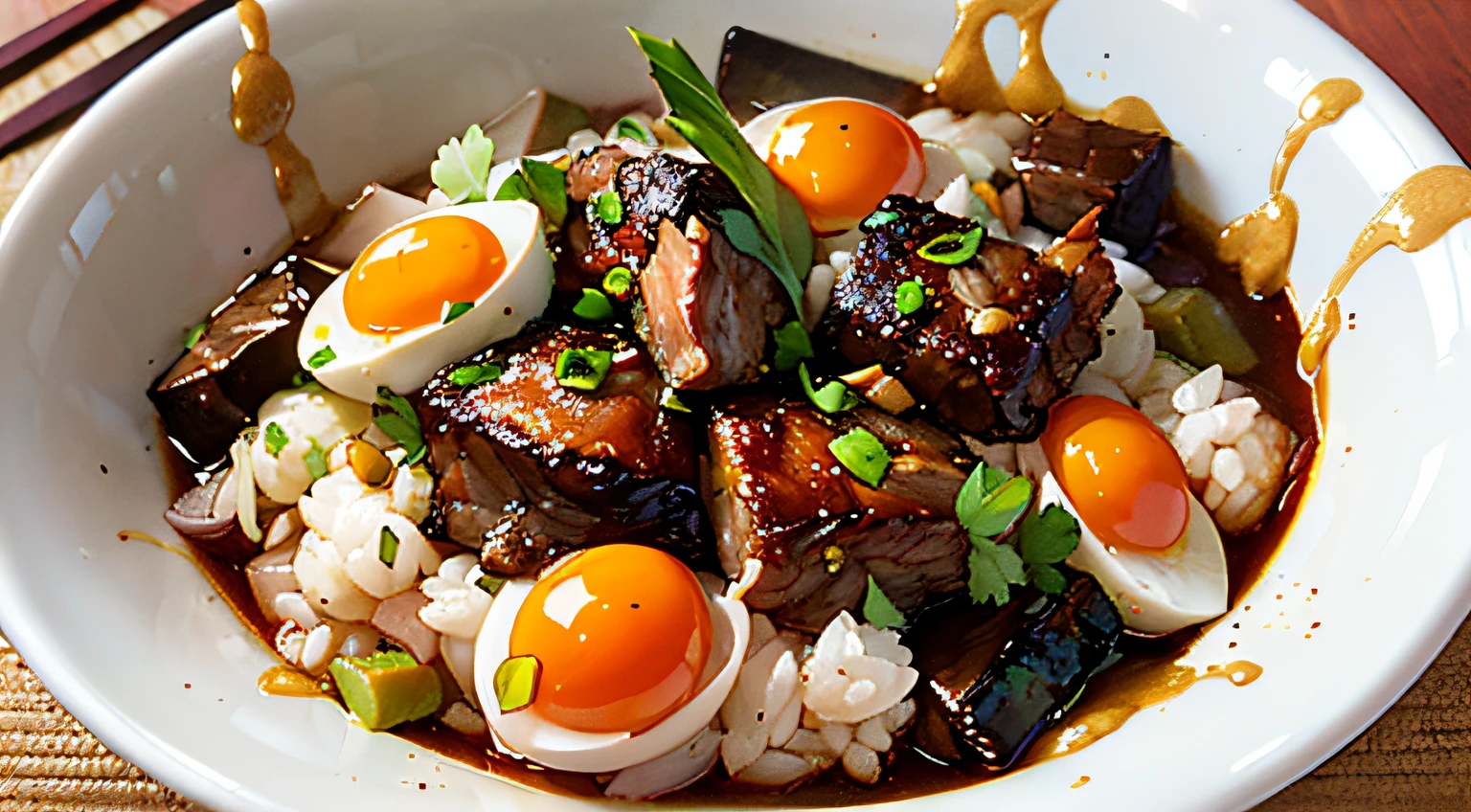 (A bowl of golden egg fried rice, yellow gold, Guangdong Roast Pork: 1.4, greens, Beijing roast duck: 1.3, beef stew: 1.2, bright colors and tempting appetite, exquisite presentation, fragrant taste, folk snacks)