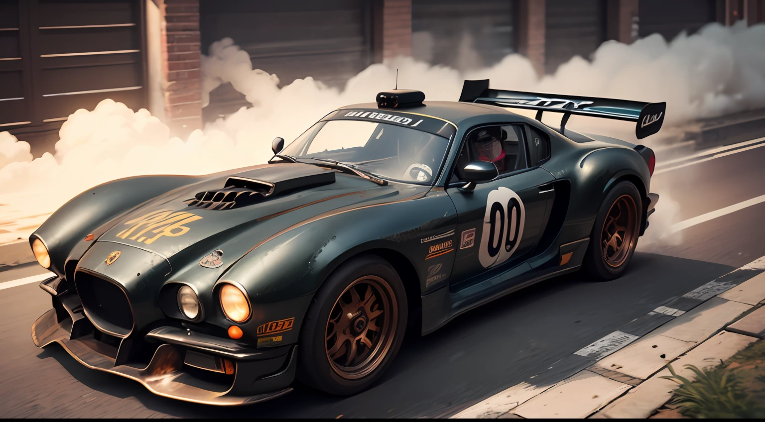 (((best quality))),(((ultra detailed))),(((masterpiece))),illustration, A steam punk race car speeding through the narrow city streets. This car is made of copper and iron, with intricate gears and bolts embedded on its body, exuding a strong metallic texture. The body of the car is painted in a dark color, bearing rust and signs of wear and tear, giving it a sense of age and history. The wheels are equipped with thick rubber tires, with clear treads, providing a strong grip. Above the race car, there is a massive steam propulsion device releasing white steam, creating a large trail. The driver inside the car is dressed in stylish steam punk attire, wearing goggles and gripping a metal steering wheel, driving the car with focus and confidence. The whole scene is filled with a rich industrial atmosphere and the allure of futuristic technology. High-resolution image, high-quality artwork, stunning digital illustration, featuring a steam punk race car speeding through the city streets, detailed gears, bolts, and rust on the car body, gripping race car driver in steam punk attire, goggles, metal steering wheel, powerful steam propulsion, industrial atmosphere. --auto