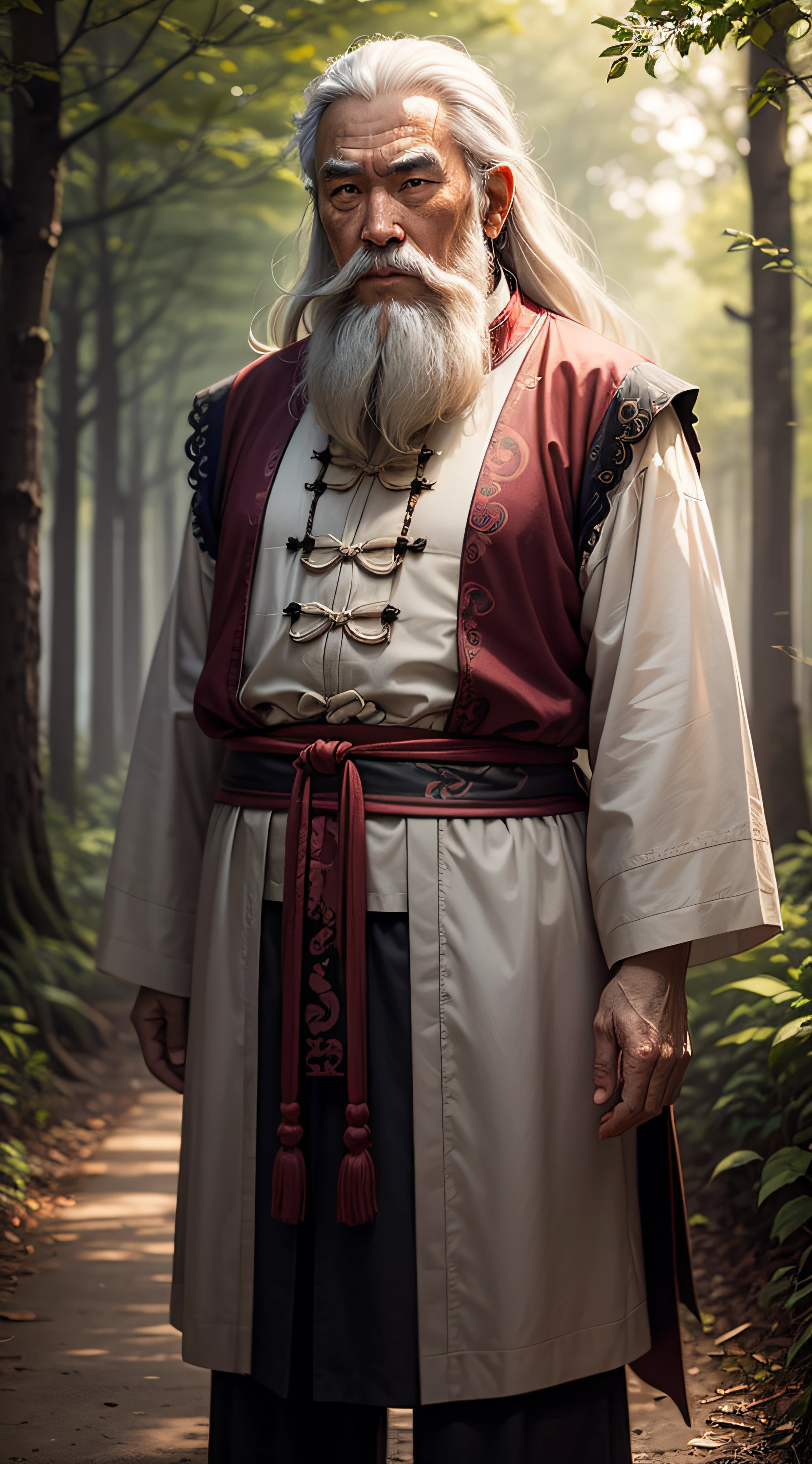 An old man of ancient China full of wisdom, with long gray hair, long beard, thin and tall figure, kind eyes, upper body, front shot, background is blurred woods, light is dark, in the evening --auto