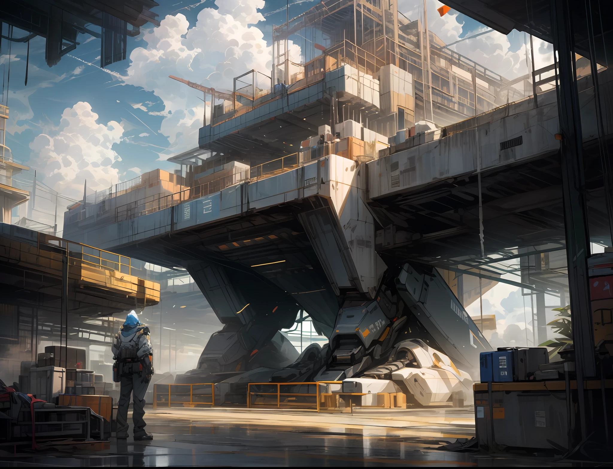 sky, clouds, holding_weapon, no_humans, glow, robot, architecture, science fiction, group building, reality --v6