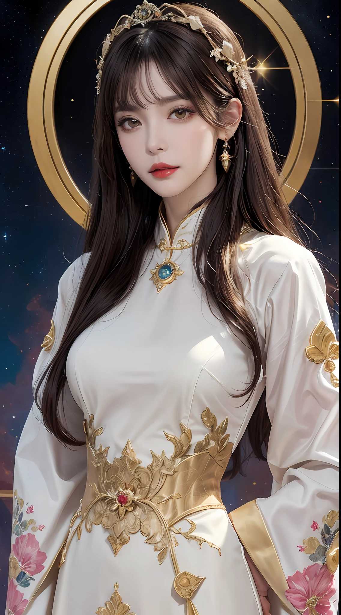 1 27-year-old girl, 1 zodiac goddess from the future, goddess of the pink and purple 12 zodiacs, the goddess of the zodiac in a yellow ao dai, a 12 zodiac ao dai with many black lace detail, mythology Goddess of the 12 zodiacs from the future, zodiac ♏, luxurious glittering zodiac style, dark and mysterious version, zodiac crown, lipstick lips red, thin and beautiful lips, Smile makes viewers fall in love, characters made by karol bak and pino daeni, intricate detail, detailed background, extremely detailed, light magic, a woman, clear face, look at the face of goddess zodialook at the zodiac goddess face, hair long with bangs, beautiful face in detail and well-proportioned eyes, (transparent yellow eyes: 1.8), big round eyes and very beautiful and detailed makeup, foresight, silk dress, mysterious makeup, double bangs and dyed light blonde, uper body, zodiac goddess uper body, arms hanging loosely, Realistic and vivid photo, (stars make up the zodiac: 1.7), (sky background zodiac and fictitious space and time portal: 1.8), fiction art, RAW photo, hanfu picture, best photo, best photo quality, 8k quality, 8k ultra, super realistic, real photo most economical, artistic portrait of goddess zodiac,