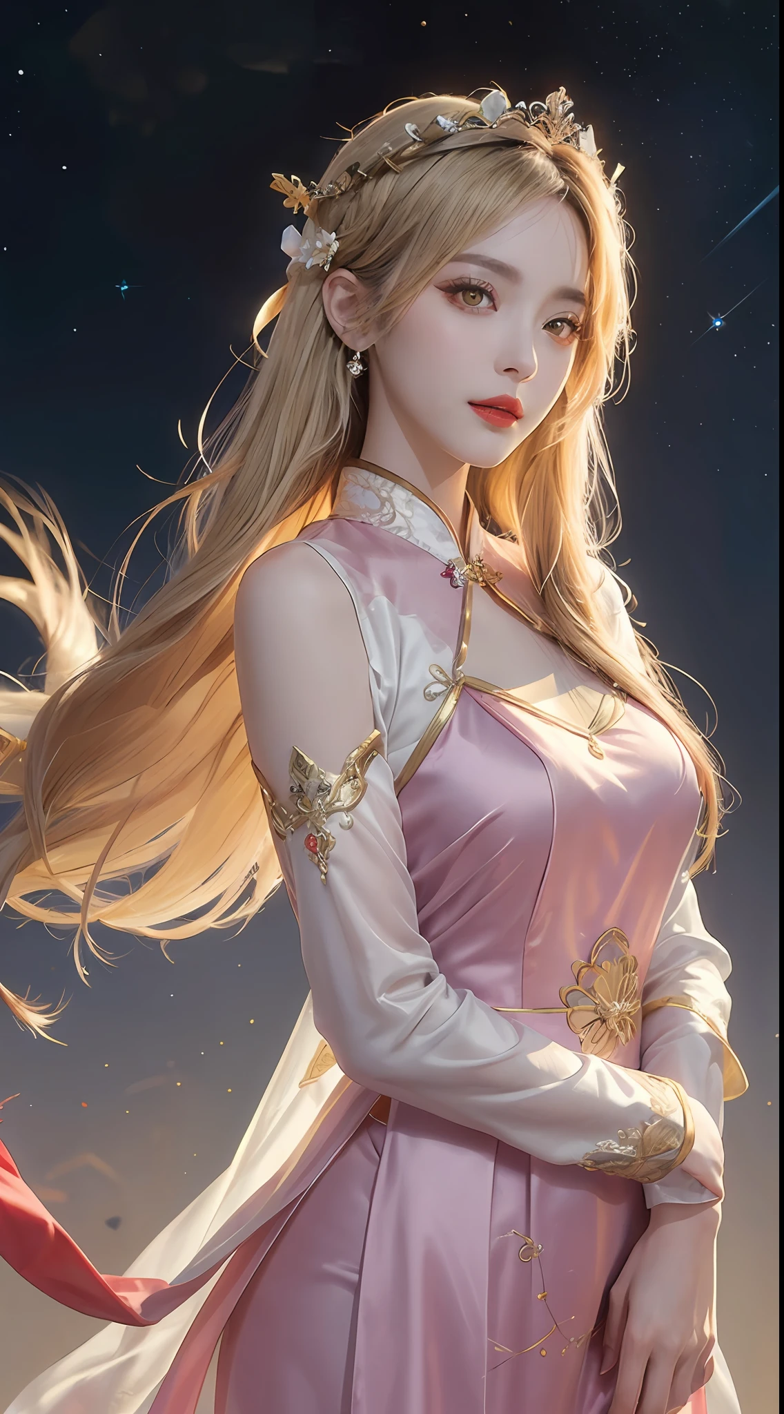 1 27-year-old girl, 1 zodiac goddess from the future, goddess of the pink and purple 12 zodiacs, the goddess of the zodiac in a yellow ao dai, a 12 zodiac ao dai with many black lace detail, mythology Goddess of the 12 zodiacs from the future, zodiac ♏, luxurious glittering zodiac style, dark and mysterious version, zodiac crown, lipstick lips red, thin and beautiful lips, Smile makes viewers fall in love, characters made by karol bak and pino daeni, intricate detail, detailed background, extremely detailed, light magic, a woman, clear face, look at the face of goddess zodialook at the zodiac goddess face, hair long with bangs, beautiful face in detail and well-proportioned eyes, (transparent yellow eyes: 1.8), big round eyes and very beautiful and detailed makeup, foresight, silk dress, mysterious makeup, double bangs and dyed light blonde, uper body, zodiac goddess uper body, arms hanging loosely, Realistic and vivid photo, (stars make up the zodiac: 1.7), (sky background zodiac and fictitious space and time portal: 1.8), fiction art, RAW photo, hanfu picture, best photo, best photo quality, 8k quality, 8k ultra, super realistic, real photo most economical, artistic portrait of goddess zodiac,