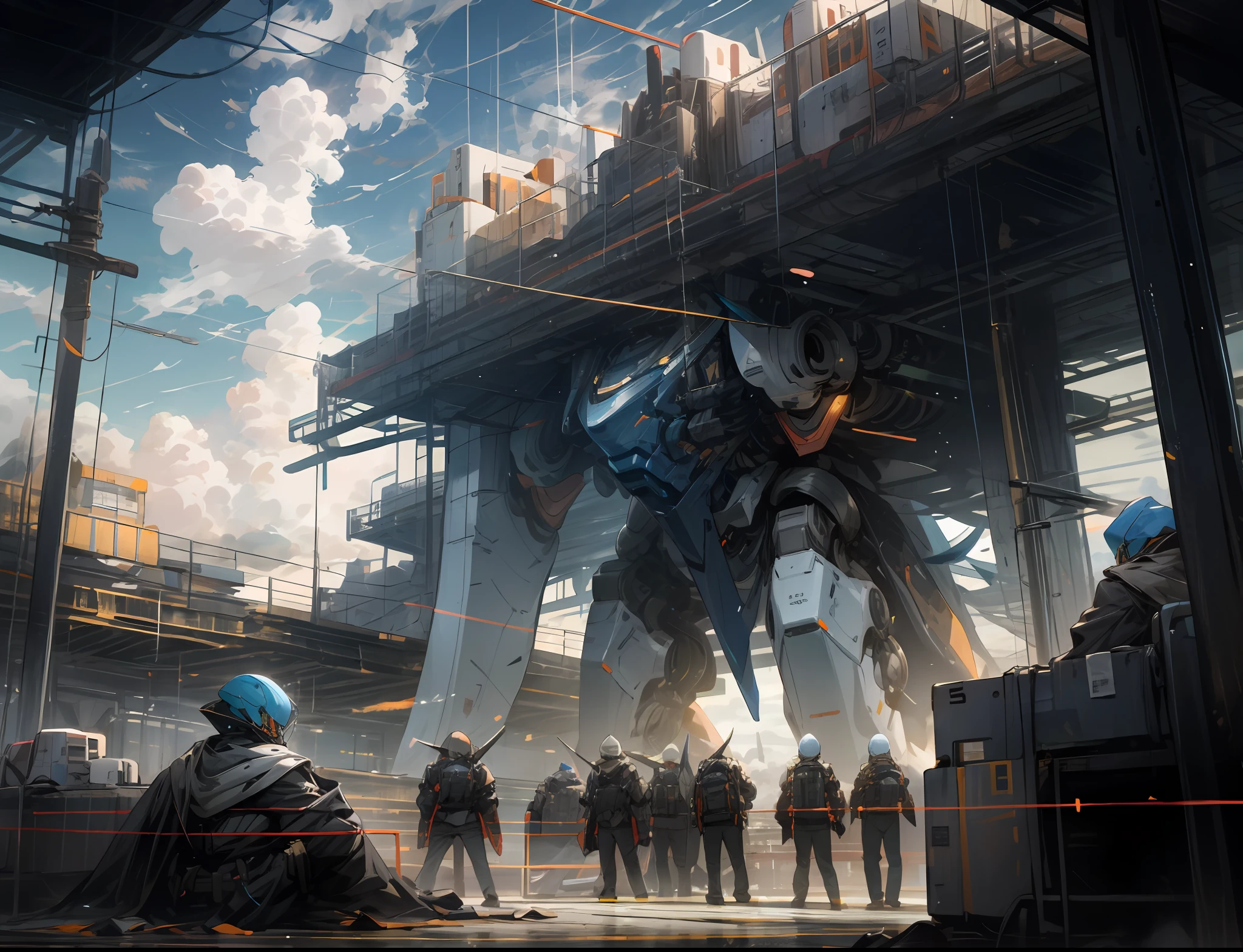 sky, clouds, holding_weapon, no_humans, glow, robot, architecture, science fiction, group building, reality --v6