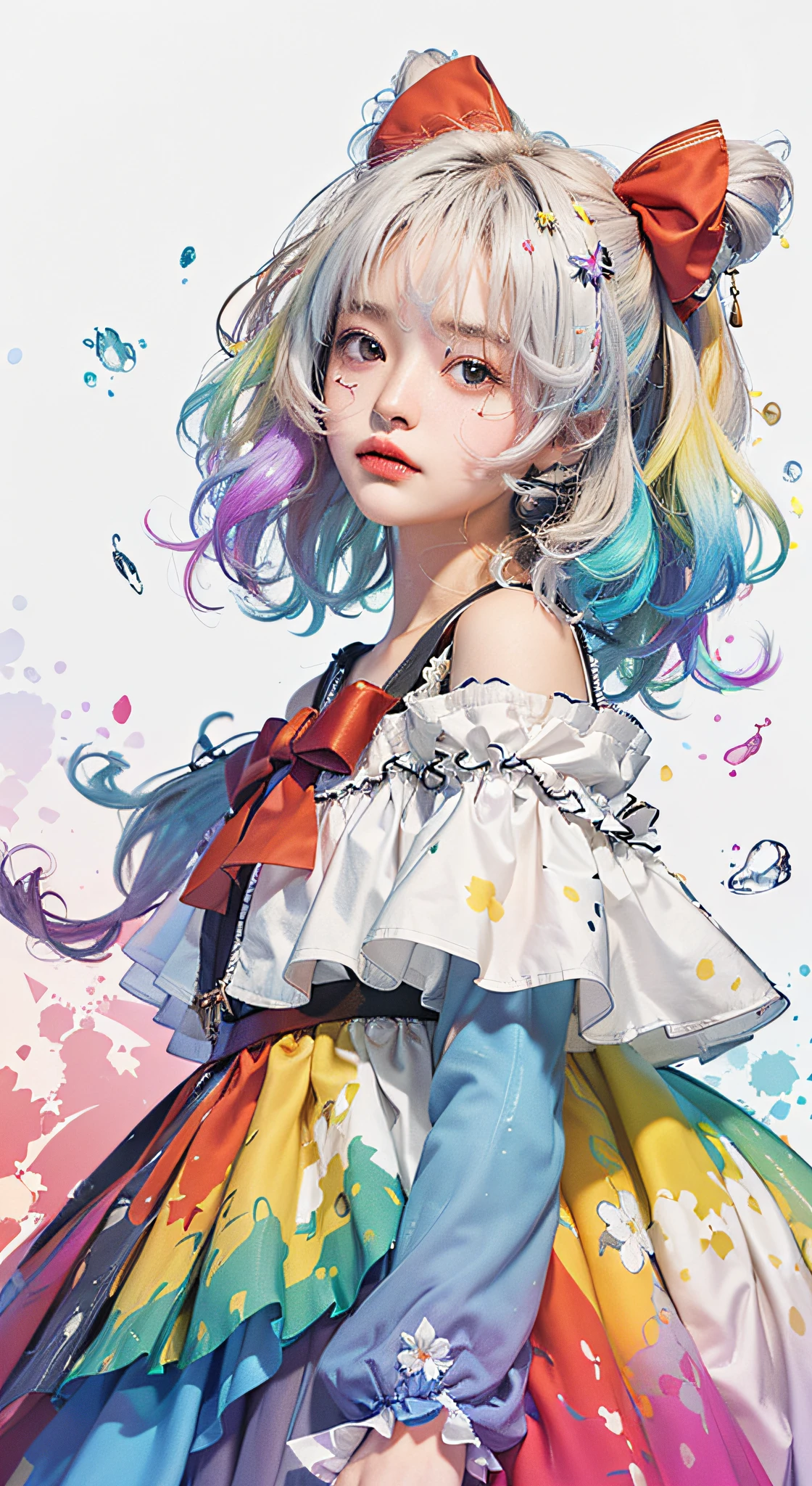 1 Girl, Solo, (3k RAW Photo, Bert Quality, Masterpiece 12) (Realistic Photo Quality 1. A) (extremely detailed CG uniform and k wlpaper) ((high gradient: 1.3), soothing tones, mute, high contrast, (natural skin texture, surrealism, soft light, clarity)), colored hair, silk pleated skirt, smooth fabric, silky strands