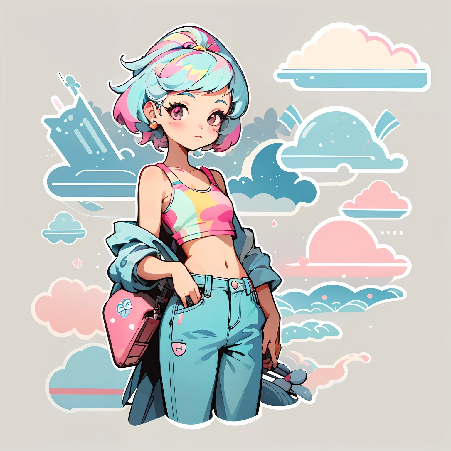 1 sticker, handbook, (sticker, a stylish girl, model, pink top, cool tide), light background, simple background, minimal, cute, tiny, pastel color, vector style, no gradient,