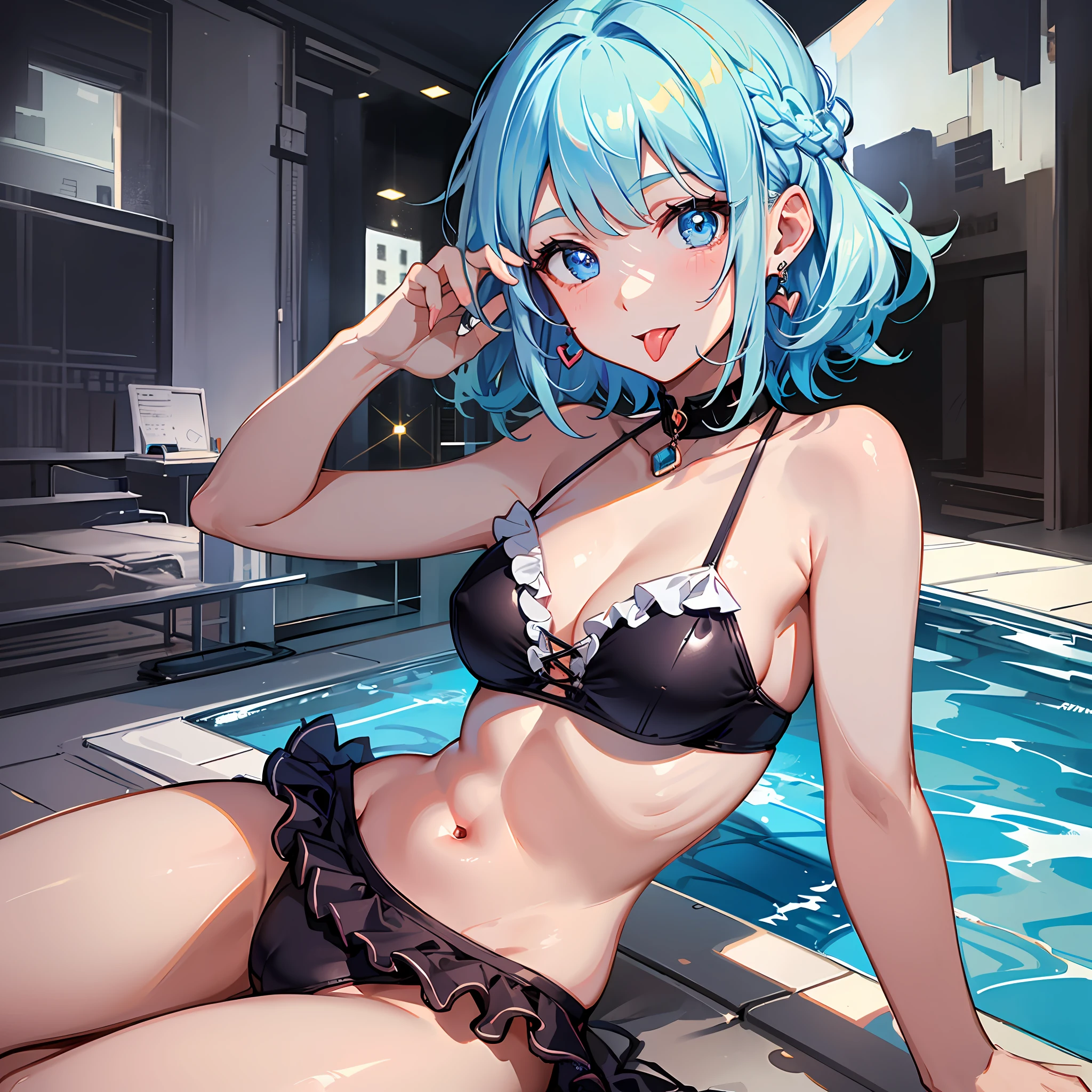 (((Masterpiece)))), ((Best Quality))), Hi-Res, On Thighs, Lying Down, (Cute One Girl))), Solo, White Skin, Small, Eight-headed, (Light Blue Hair), ((Short Hair)), (Straight Bangs)), Beautiful Hair, Blue Eyes, Beautiful Eyes in Detail, (((Tongue)), Red Face, Smile, Heart, Bikini, Swimwear, Ruffles, Earrings, Outdoor, Pool, Shadow Lighting,