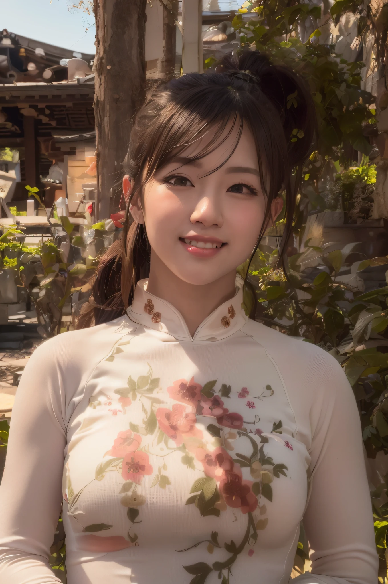 (8K, highest quality, masterpiece: 1.3), (realistic, photorealistic: 1.4), ultra high definition, (ao dai), (tight fit clothes:1.1), (japanese female), (high-definition cute face), (hanging breasts), (saggy boobs), brown hair, ponytail hair, professional lighting, (closed mouth: 1.2), blush, smile, in the sky