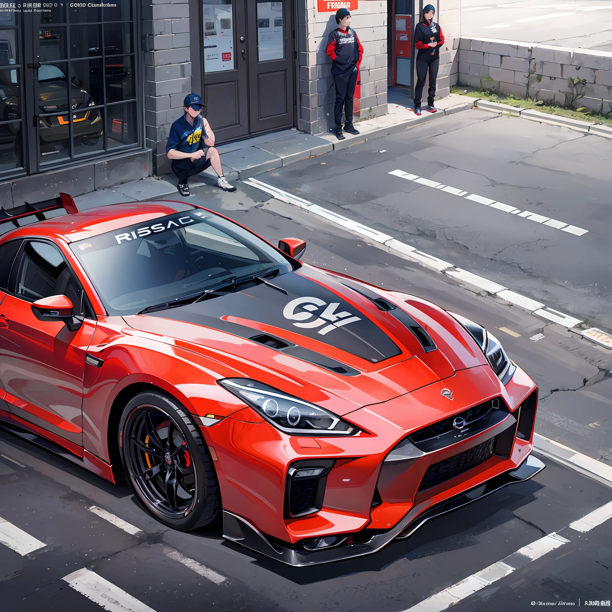 SHOWROOM, racing car, Nissan GTR,8k,masterpiece, best quality, best, official art, beautiful and aesthetic, perfect proportions, one girl, race queen costume, small breasts,
