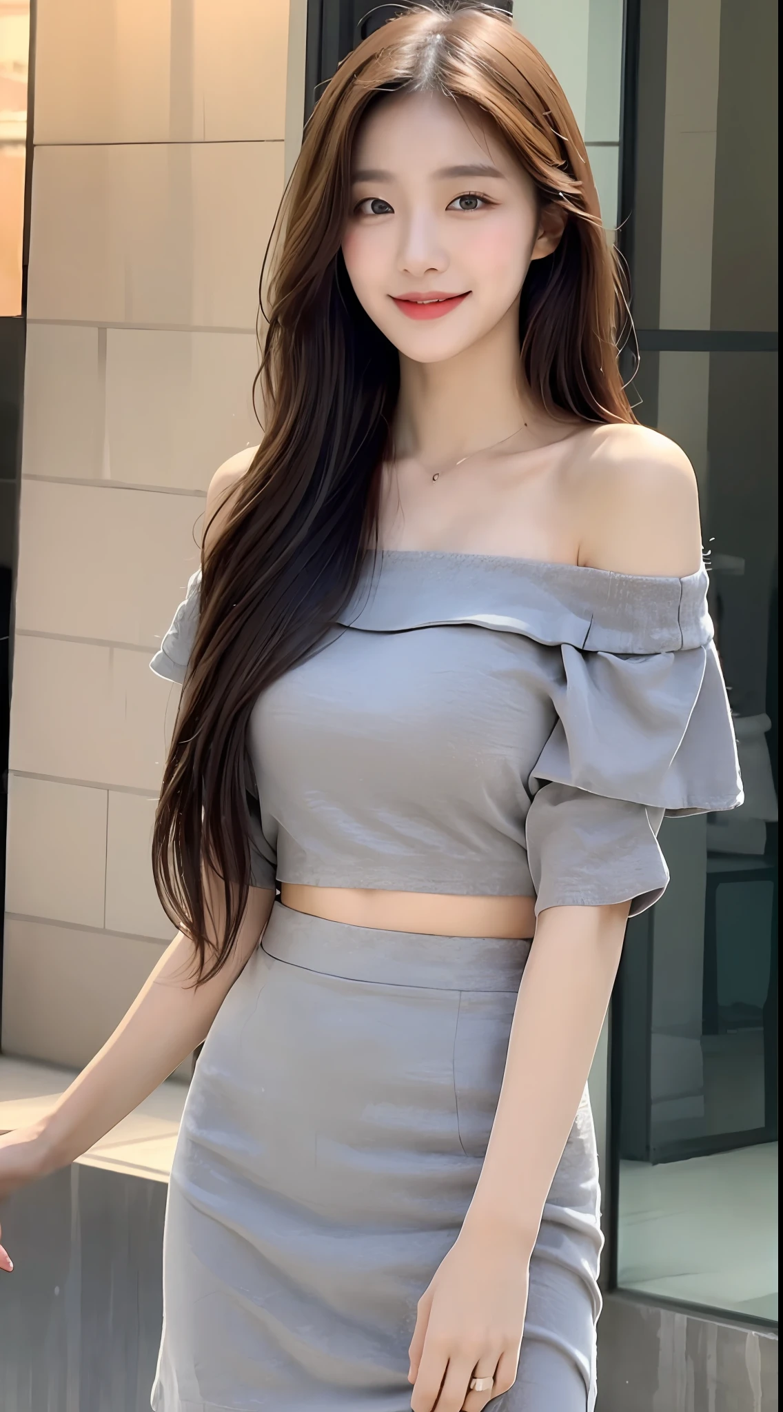 (1 Korean star with royal sister style), ((best quality, 8k, masterpiece: 1.3)), focus: 1.2, perfect body beauty: 1.4 , (smile), (dark street: 1.3), highly detailed face and skin texture, fine eyes, double eyelids, whitening skin, (big wave hairstyle: 1.3), (round face: 1.5), (off-the-shoulder skirt: 1.4),