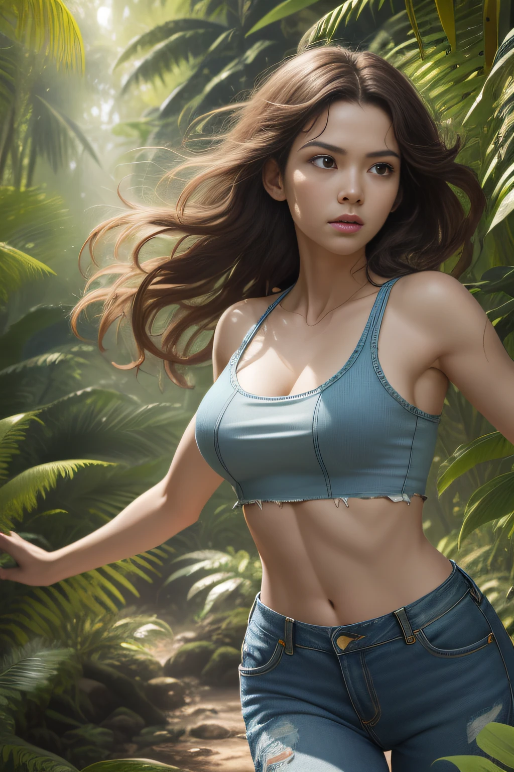 The heroine of the movie "King Kong", Anne Darrow, desperately fleeing from capture on the island, with disheveled hair and dirty clothes, torn denim pants, in a lush, untouched jungle. She runs through towering trees, lush foliage and canopy sunshine, white skin, smooth skin, stunningly beautiful face, detailed, photorealistic, 8k
