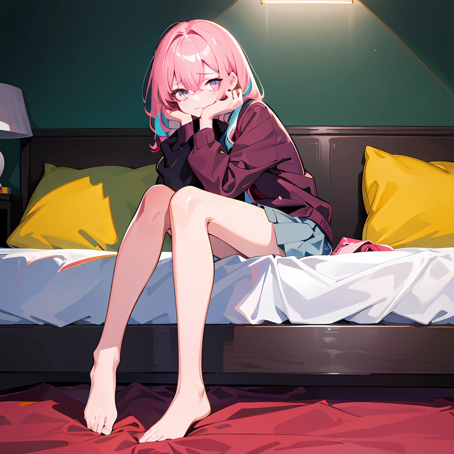 high resolution:1.7, incredibly absurdres, kawaii:1, cute:1.5, hires.fix:1. 5, anime visual:1, incredibly fine illustration, crystal clear white skin, asian girl, sensual, full body, young, middle school student, , (hair color pink), sitting on bed in her room, super depressed, dark face, dark room, depressed state