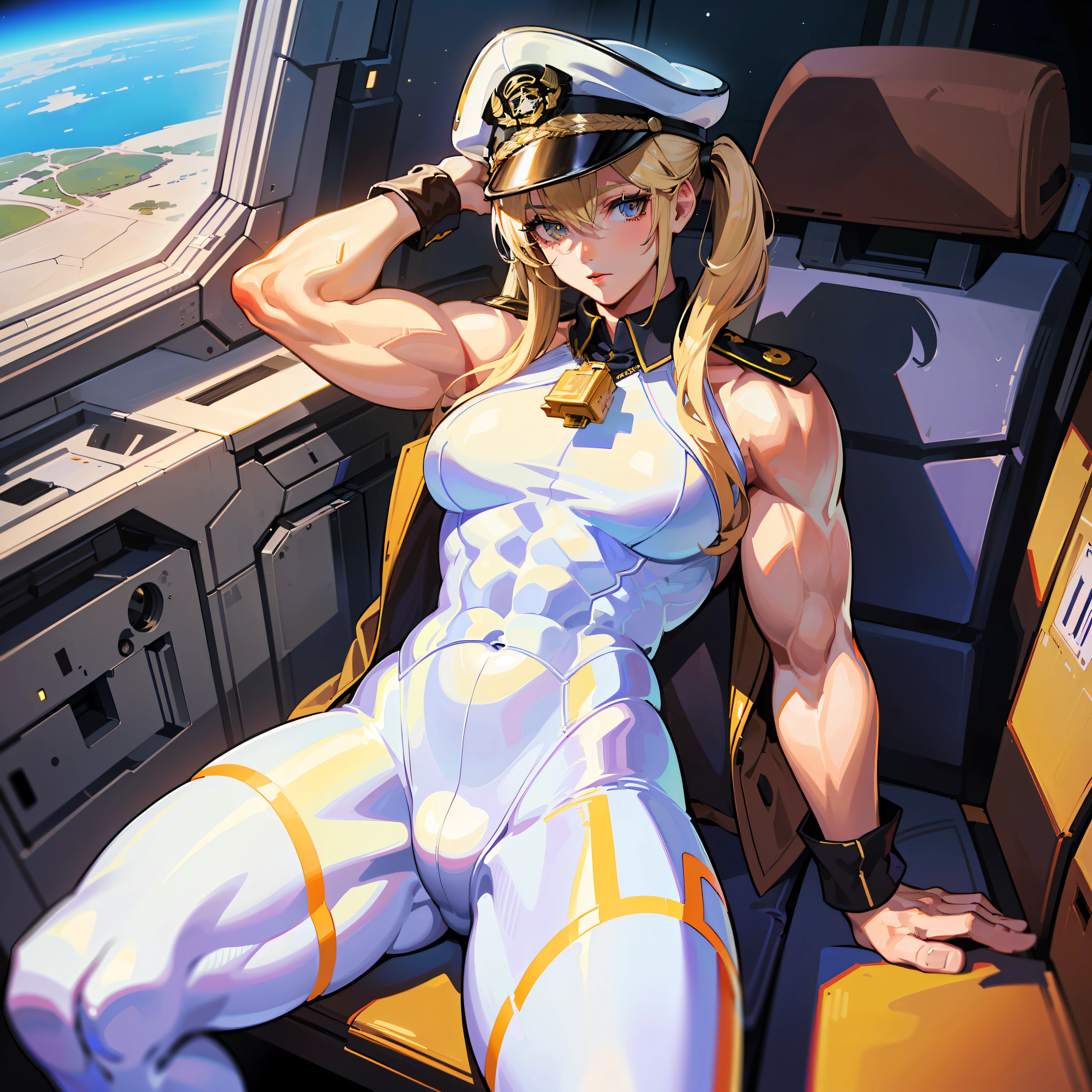 ((Masterpiece)), ((Highest Image Quality)), (((Best Quality)), (Illustration of One Girl), Full Body, 25 Years Old, (Neutral)), ((Blonde Twin Tails)), Light Golden Eyes, (Tall)), (Muscular Strong Body)), ((Muscular and Thick Body)), ((Muscular and Thick Arms)), ((Muscular and Thick Legs)), (Manspreading)), Open Legs, (((Army Uniform)), (Army Hat)), (((Army Coat)), (white clothes), (white pants), (white hat), trench coat, ((inside the spaceship, sitting in the captain's seat)), (outside the window, space, Earth seen from space, spaceport)