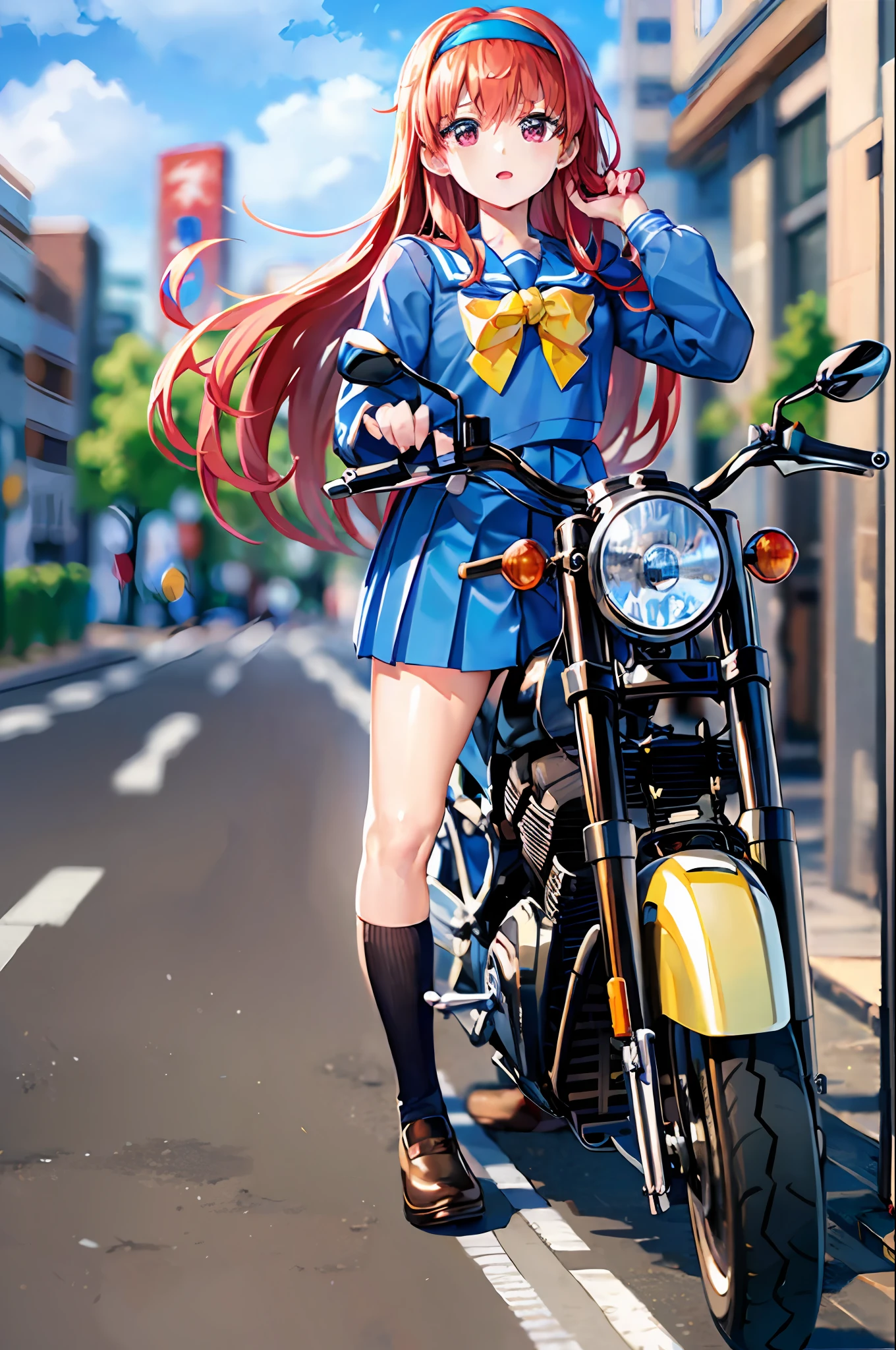 ((masterpiece)), ((best quality)), (ultra-detailed), ((kawaii)), cute, (lovely), ((extremely detailed)), 4K, (8K), 1girl, best quality, (beautiful), fujisaki shiori, yellow hairband, yellow bow, blue school uniform, blue serafuku, long sleeves, blue pleated skirt, red long hair, on motorcycle, driving a motorcycle