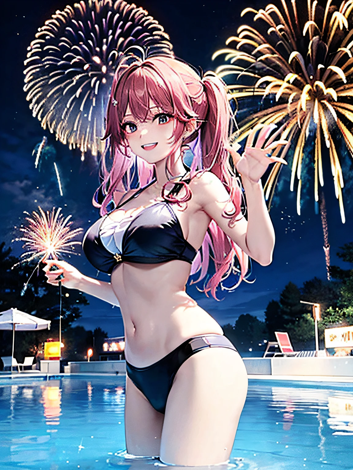 8K, Night, Shooting Star, Clouds, Bikini, Swimsuit, 25 years old, Vibrant Colors, (Fireworks: 1.4), (New Year: 1.1), (Festival: 1.1), (Sharp Focus: 1.2), (Cowboy Shot: 1.2), (Smile: 1.1), (Teeth: 1.1), Night Pool, (Water Reflection: 1.2), Glitter, Floating Particle, Colorful Particle, Lots of Fireworks