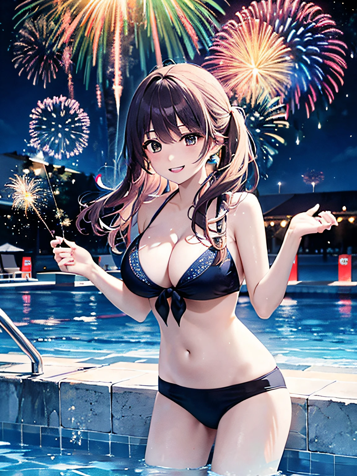 8K, Night, Shooting Star, Clouds, Bikini, Swimsuit, 25 years old, Vibrant Colors, (Fireworks: 1.4), (New Year: 1.1), (Festival: 1.1), (Sharp Focus: 1.2), (Cowboy Shot: 1.2), (Smile: 1.1), (Teeth: 1.1), Night Pool, (Water Reflection: 1.2), Glitter, Floating Particle, Colorful Particle, Lots of Fireworks