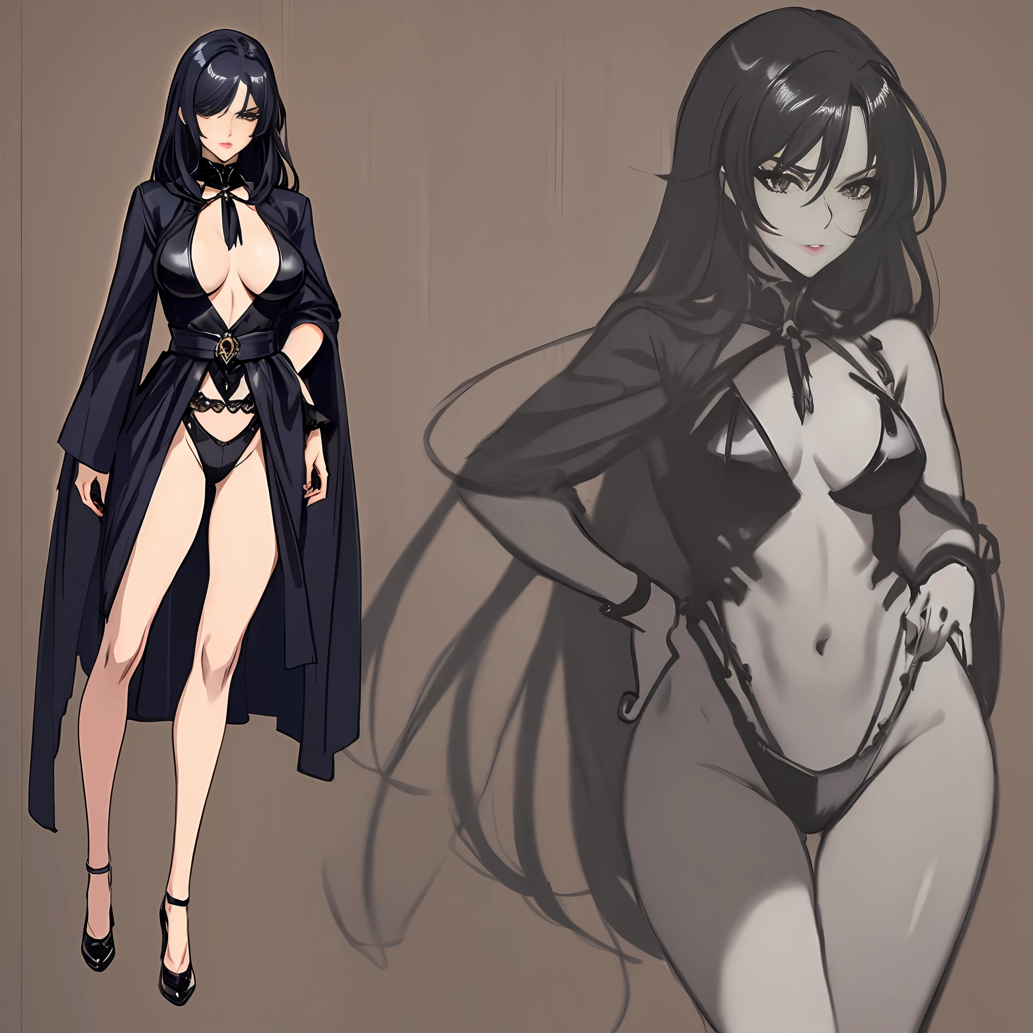 Anime art, full body movement, sexy woman in black costume, underworld woman, very cool facial expression, gorgeous background, great erotic art, line art, sexy art, detailed body part details, long legs, inspired by J.C. Leyendecker