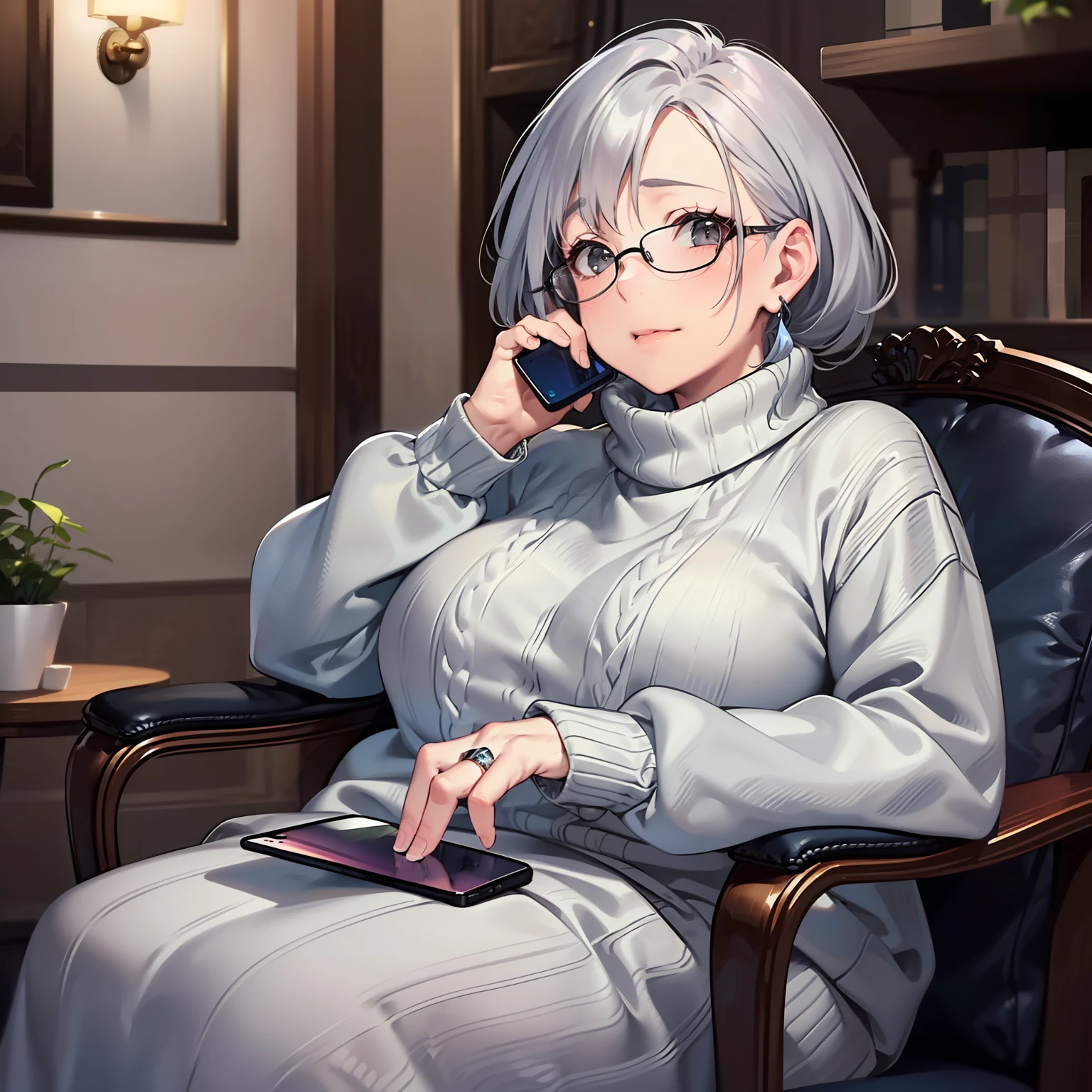 (A plump elderly woman with gray hair is sitting in a room: 1.8) (She is wearing a cozy sweater and sitting on a cushioned chair: 1.7) (She is holding a phone to her ear, engaged in a conversation: 1.8) (The upper half of her body is visible, showing her expressive gestures: 1.6)