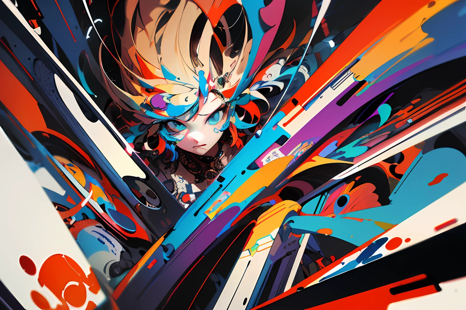 ((Masterpiece, Super Detail, Intricate Detail, Medium Quality, Illustration), One Girl, Solo, Psychedelic, Chaos, Brushwork, Abstract, PCB
