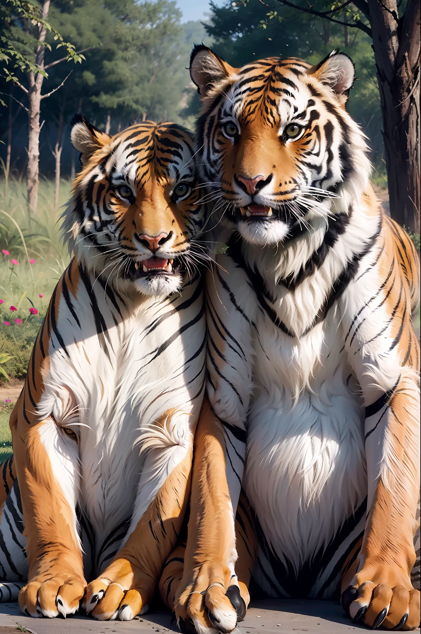 Masterpiece, best quality, make friends with tigers, fun, happy, bright, tiger,
