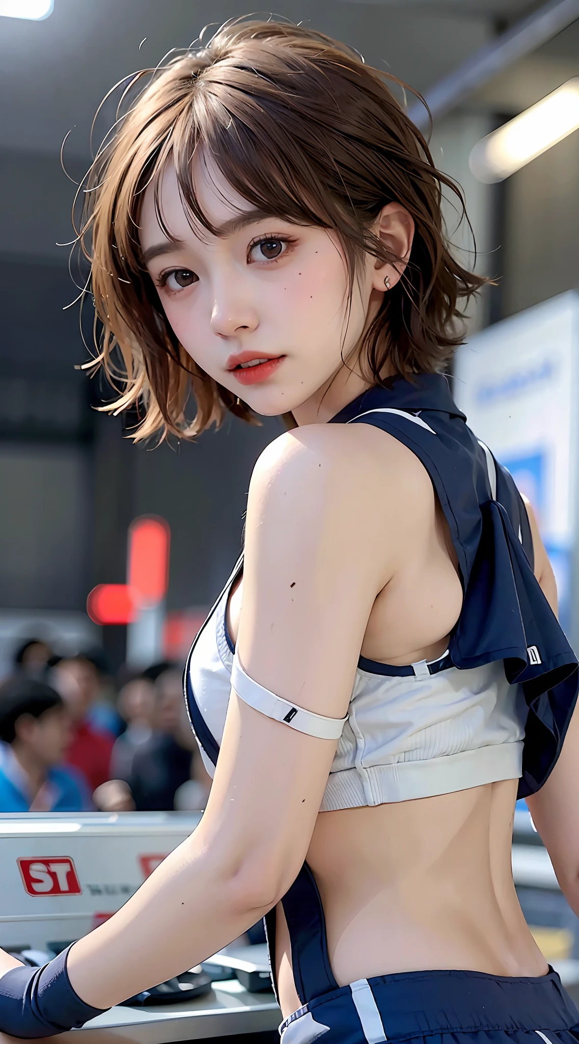 (masterpiece, best quality, beautiful girl, beautiful face, 8k, raw photo), Japan person, high school, , athletics, slender, sprinting, gritting teeth, small ass, short hair, (dynamic lighting, dramatic lighting, movie lighting: 1.2), no makeup, natural, film grain, chromatic aberration, photorealistic, high resolution, ultra detail, fine detail, sharp focus, Detailed skin, eyes and face