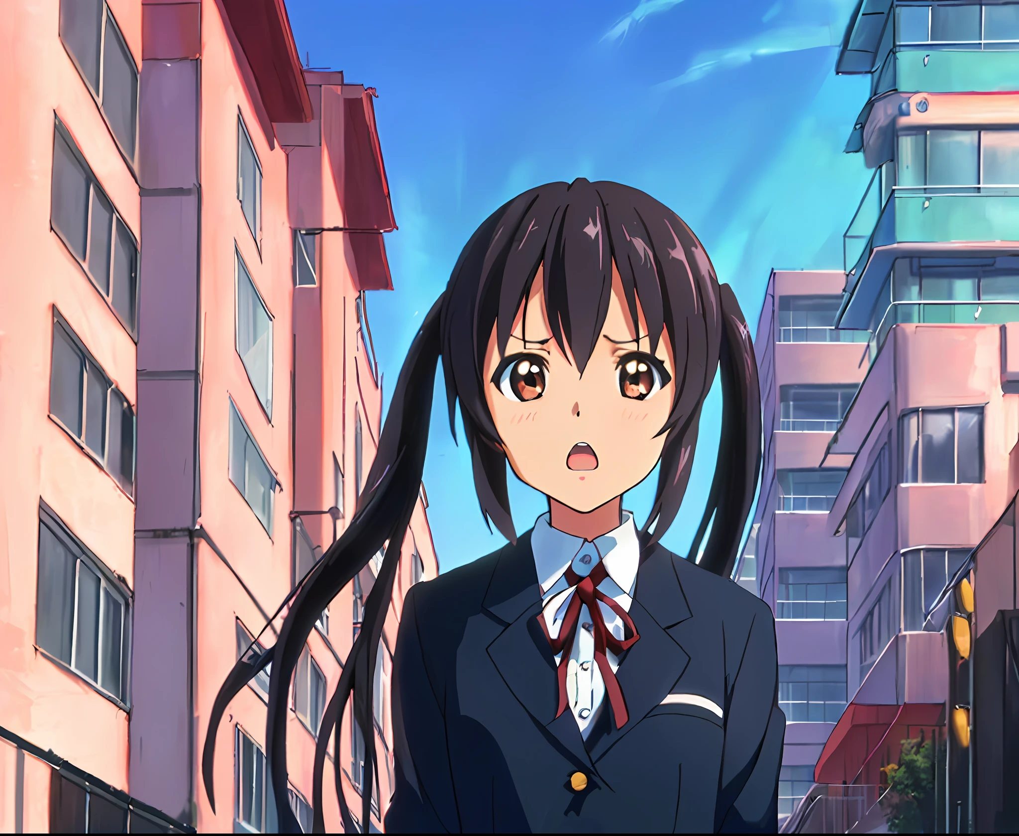 1girl, ((((Masterpiece))), Best Quality, Best Quality, High Detail, Azusa Nakano, 1girl, Sakuragaoka High School Uniform, Musical Instrument, School Uniform, Twin Tails, Long Hair, Black Hair, Brown Eyes, Solo, Red, Dark blue blazer with a thin ribbon of red, Solid white button shirt under blazer, Illustration, Cartoon, Soothing tones, Muted colors, Soft cinematic light, Adobe Lightroom, Photo Lab, HDR, complex and highly detailed, (((depth of field))))). (((Masterpiece))). (((highest quality))).) ((super detail))). (((Illustration))). (((Outside))). (((fighting stance))).,((((Giantization))).dynamic focus.small breasts. (((skyscrapers))). (((Cityscape))). (((Despair Face))). open mouth. (((Sunset))). (((Sunset))).