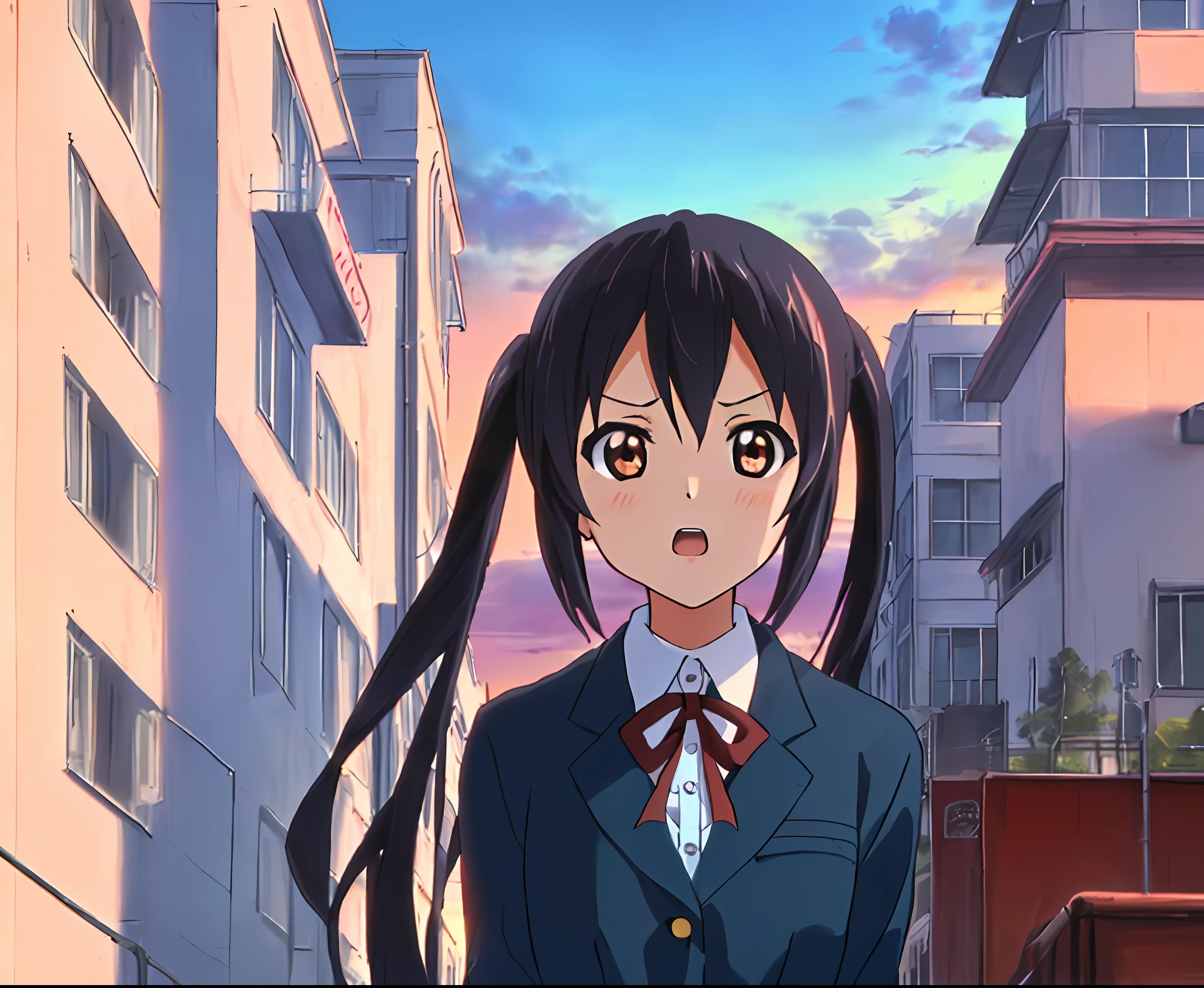 1girl, ((((Masterpiece))), Best Quality, Best Quality, High Detail, Azusa Nakano, 1girl, Sakuragaoka High School Uniform, Musical Instrument, School Uniform, Twin Tails, Long Hair, Black Hair, Brown Eyes, Solo, Red, Dark blue blazer with a thin ribbon of red, Solid white button shirt under blazer, Illustration, Cartoon, Soothing tones, Muted colors, Soft cinematic light, Adobe Lightroom, Photo Lab, HDR, complex and highly detailed, (((depth of field))))). (((Masterpiece))). (((highest quality))).) ((super detail))). (((Illustration))). (((Outside))). (((fighting stance))).,((((Giantization))).dynamic focus.small breasts. (((skyscrapers))). (((Cityscape))). (((Despair Face))). open mouth. (((Sunset))). (((Sunset))).