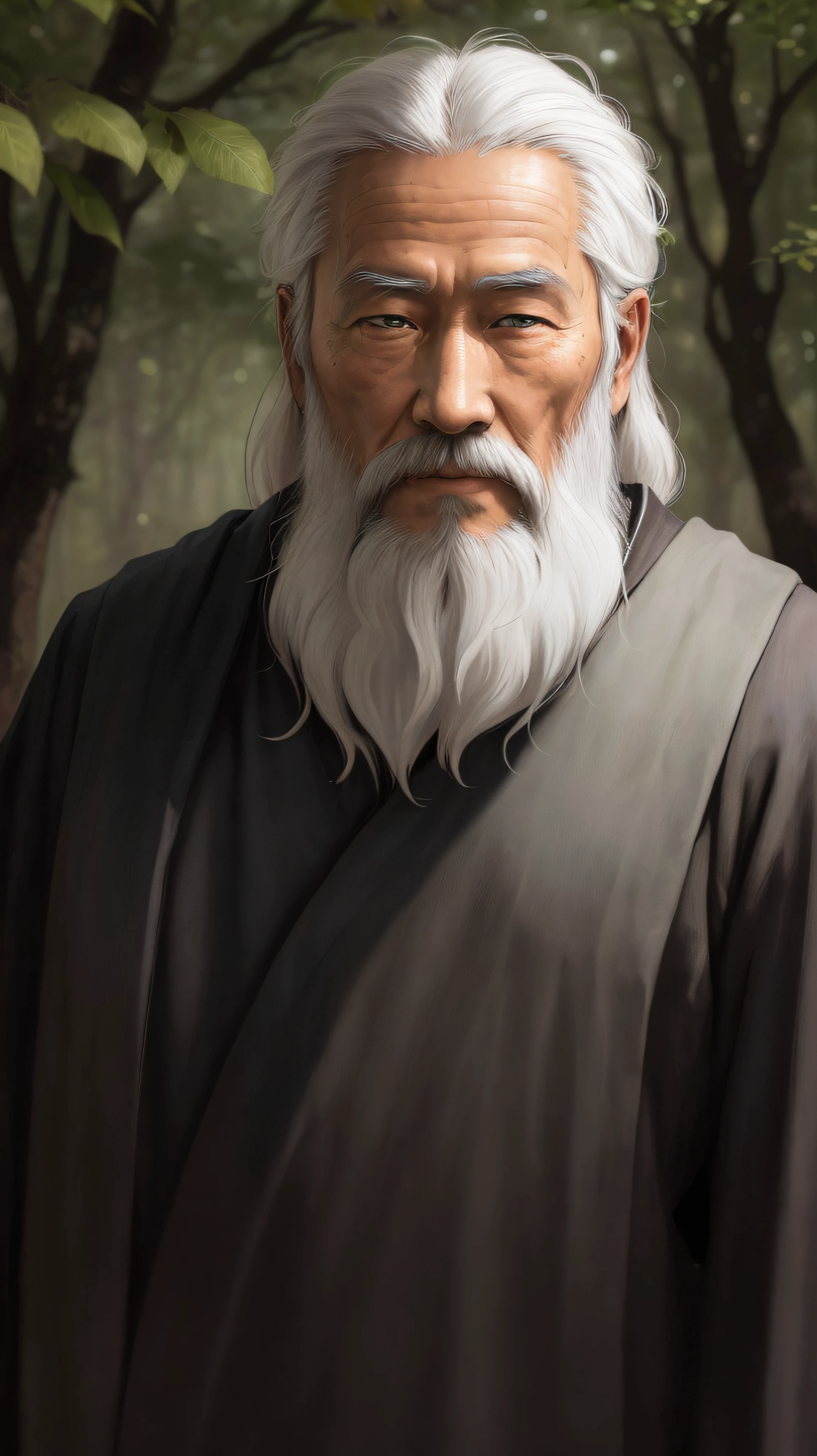 An old man of ancient China full of wisdom, with long gray hair, long beard, thin and tall figure, kind eyes, upper body, front shot, background is blurred woods, light is dark, in the evening --auto