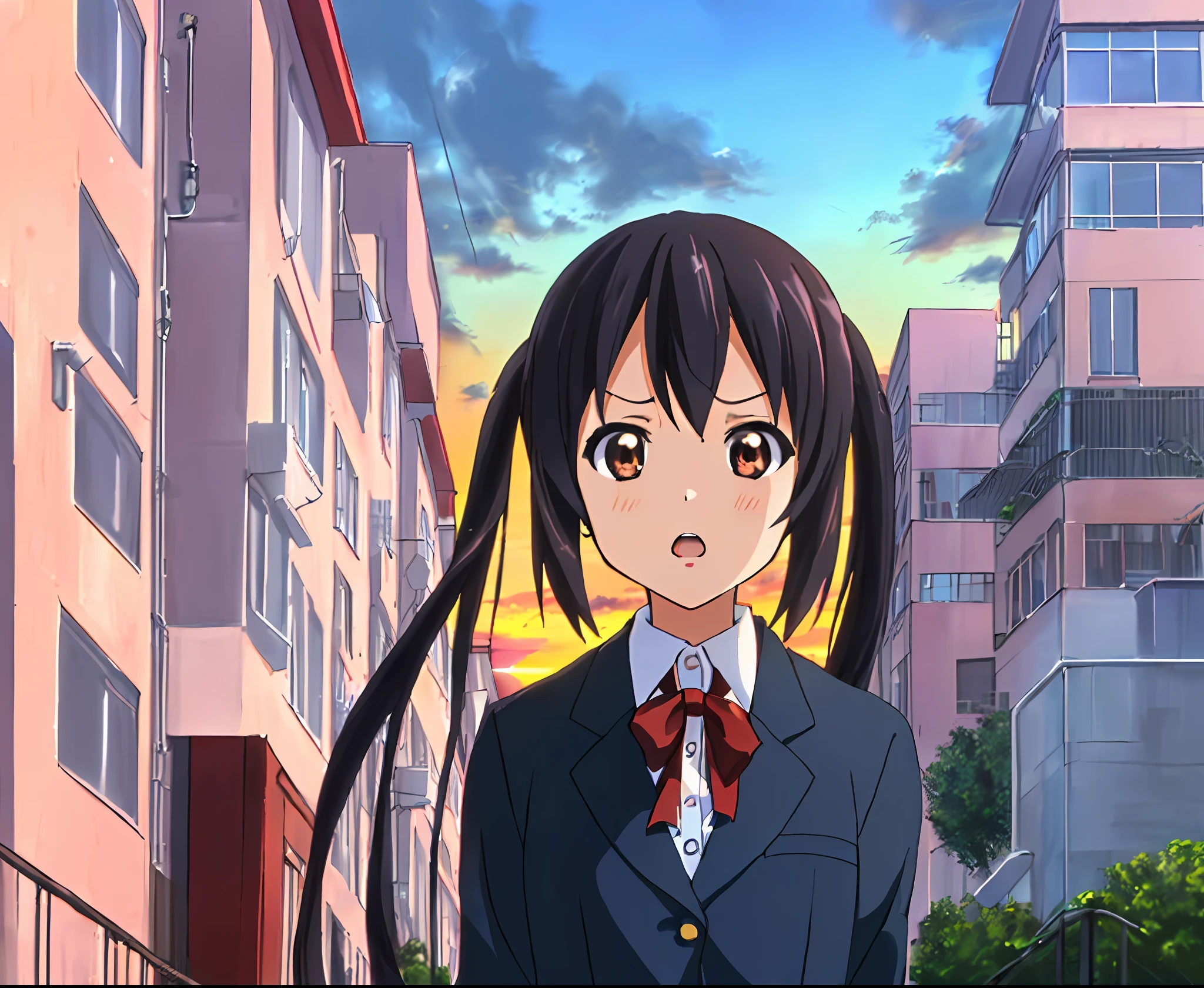 1girl, ((((Masterpiece))), Best Quality, Best Quality, High Detail, Azusa Nakano, 1girl, Sakuragaoka High School Uniform, Musical Instrument, School Uniform, Twin Tails, Long Hair, Black Hair, Brown Eyes, Solo, Red, Dark blue blazer with a thin ribbon of red, Solid white button shirt under blazer, Illustration, Cartoon, Soothing tones, Muted colors, Soft cinematic light, Adobe Lightroom, Photo Lab, HDR, complex and highly detailed, (((depth of field))))). (((Masterpiece))). (((highest quality))).) ((super detail))). (((Illustration))). (((Outside))). (((fighting stance))).,((((Giantization))).dynamic focus.small breasts. (((skyscrapers))). (((Cityscape))). (((Despair Face))). open mouth. (((Sunset))). (((Sunset))).