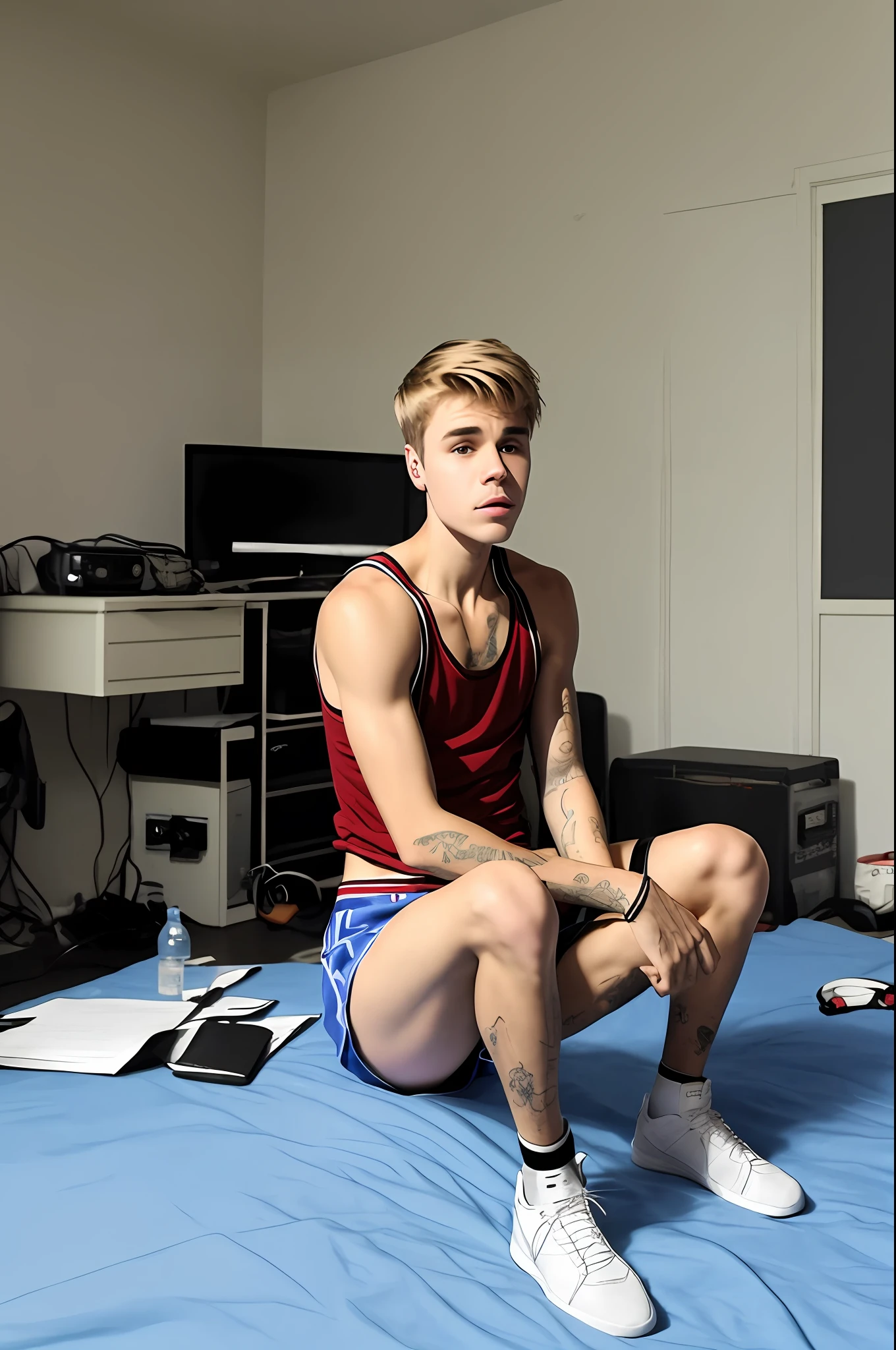 "Image of Justin Bieber sitting on a messy bed, wearing a jockstrap, crying, in a rehearsal photo."