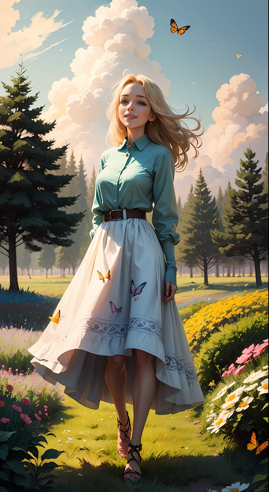 Illustration of a "happy" blonde girl in a field of flowers, blue sky of clouds, playing with butterflies, beautiful illustration, beautiful painting, beautiful UHD 4k art, beautiful art, a beautiful art illustration, art in the style of guweiz, beautiful painting, atey ghailan 8k, artgerm and atey ghailan, happy blonde girl in a field of flowers, playing with butterflies, (butterflies). (best quality, masterpiece), 1girl, pose, particle, wind, flower, full body, garden background, looking at butterflies. --auto