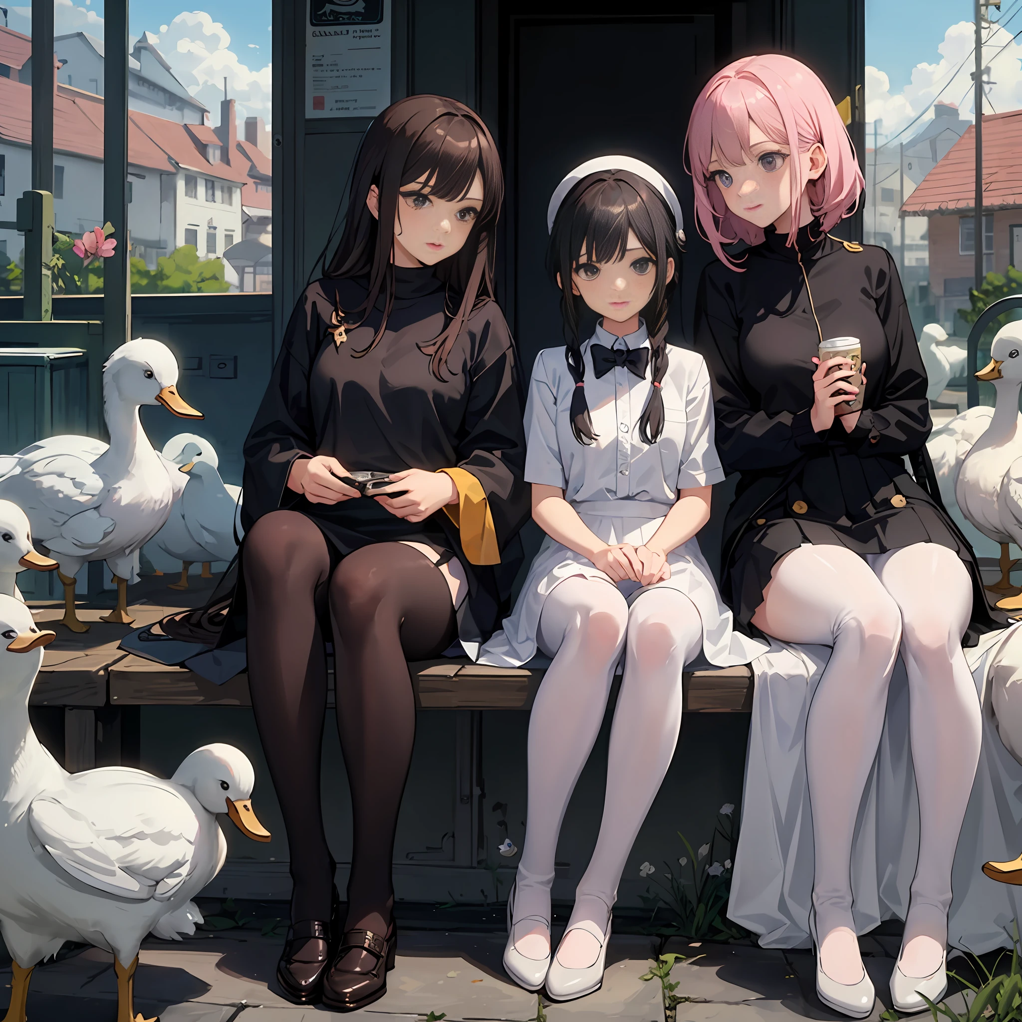 There are eighteen girls with jk, and white tights, all in one picture, some still upturned, some ducks sitting, some selling cute