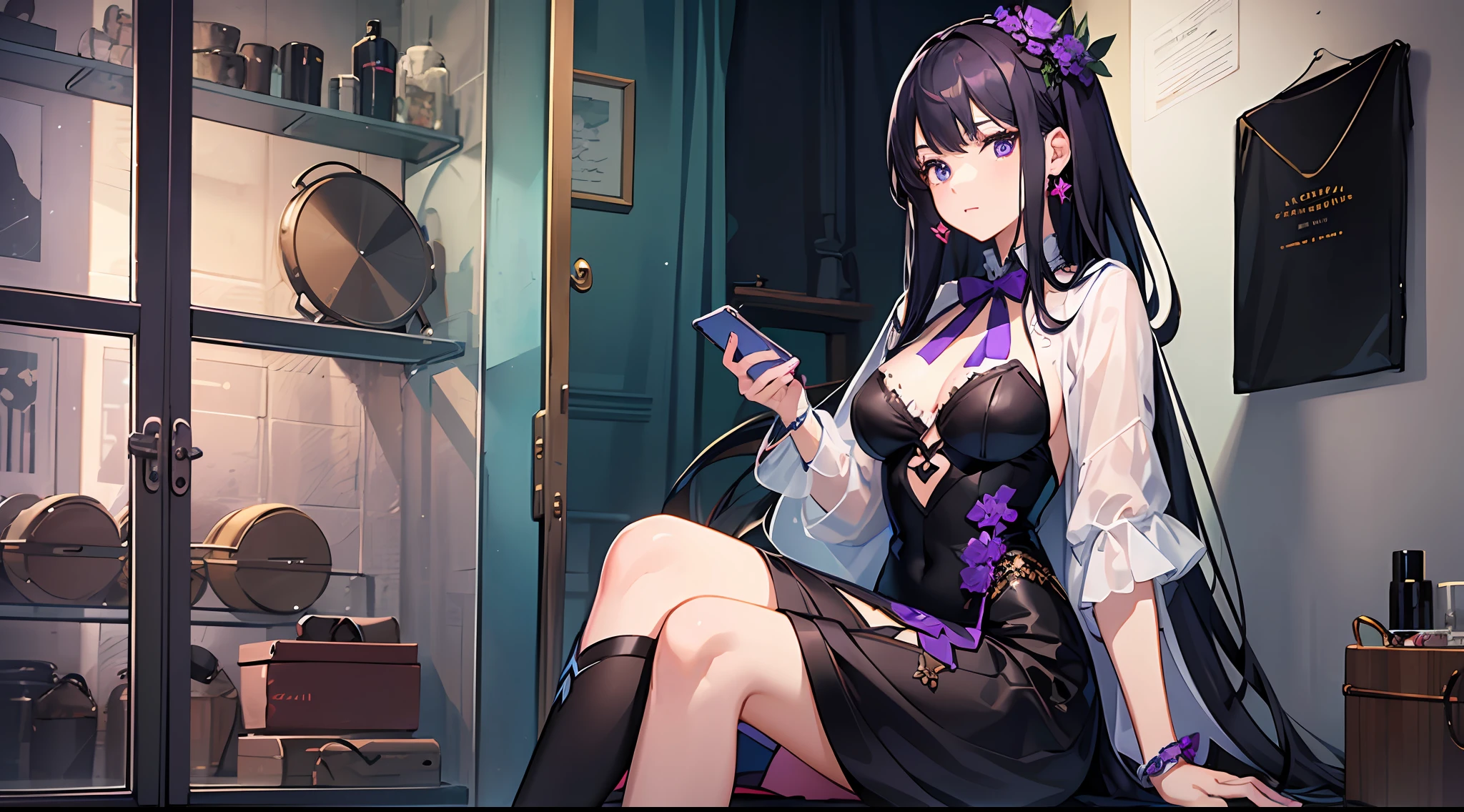 1girl, (fluffy purple-black long hair: 1.6), dress, mature and beautiful, rich and noble, sitting in front of the dressing table, full body, pick up the mobile phone, (looking at the phone screen: 2), a lot of cosmetics next to him, super detailed CG, exquisite facial features, clear facial expressions, detailed digital animation art, digital animation art, high-quality animation art style