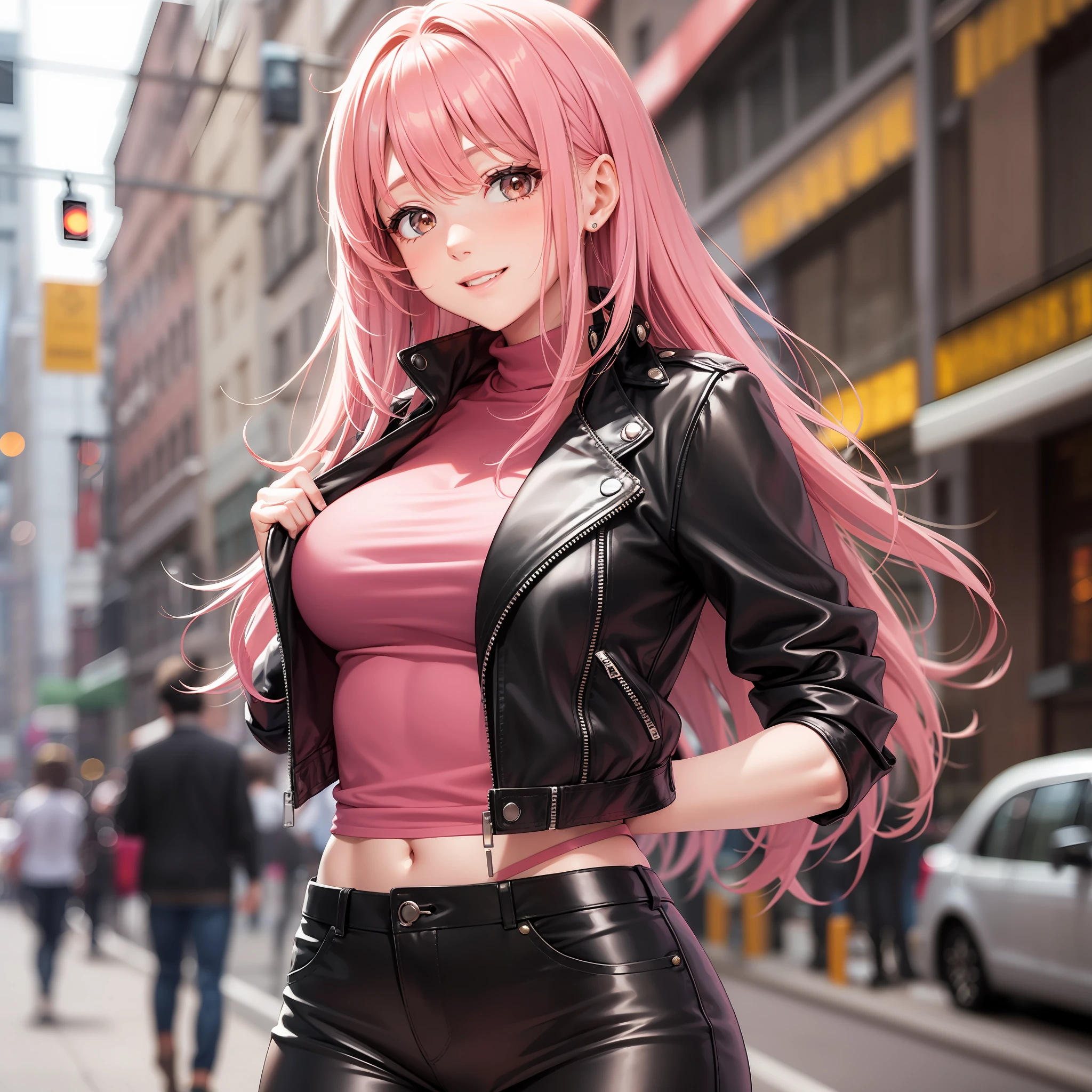Leather Jacket Leather Jacket Girl Long Hair Pink Hair Smile Top Quality Masterpiece Leather Pants