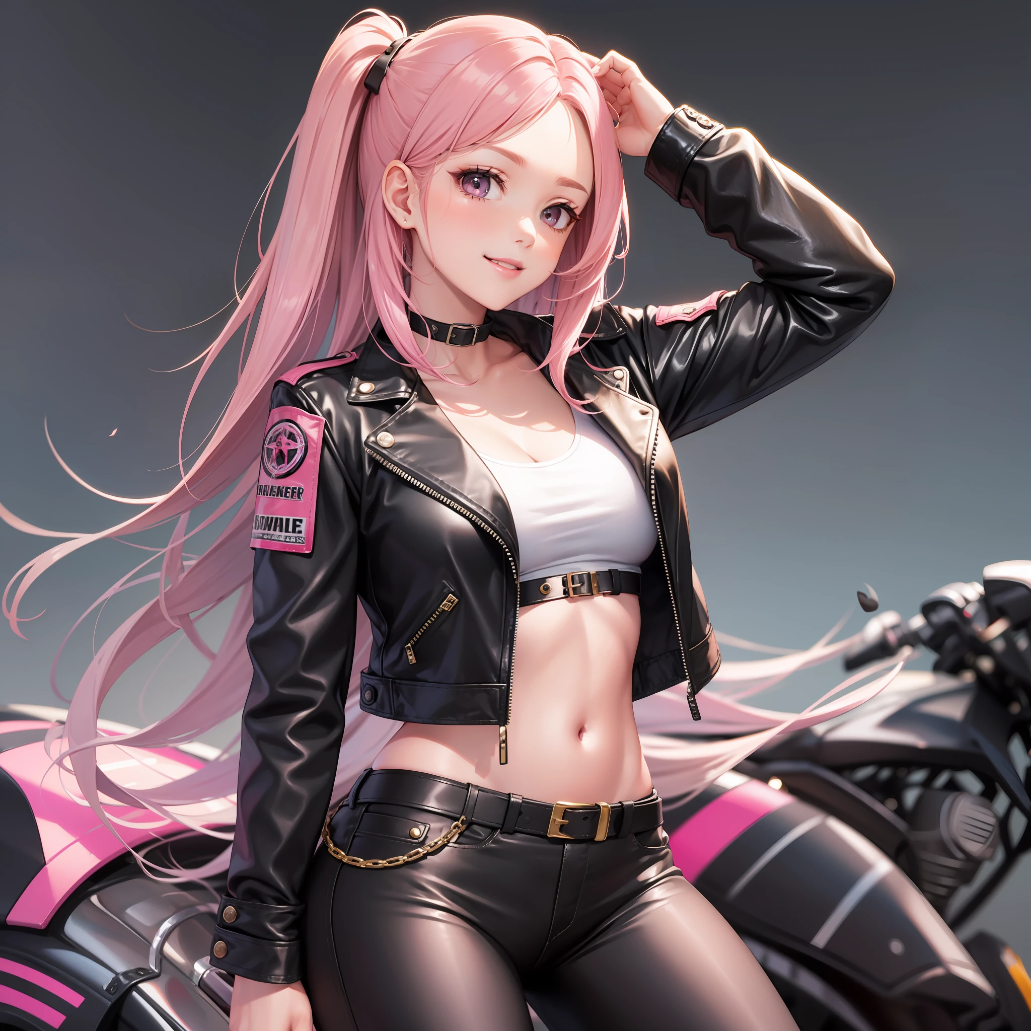 Leather Jacket Leather Jacket Girl Long Hair Pink Hair Smile Top Quality Masterpiece Leather Pants