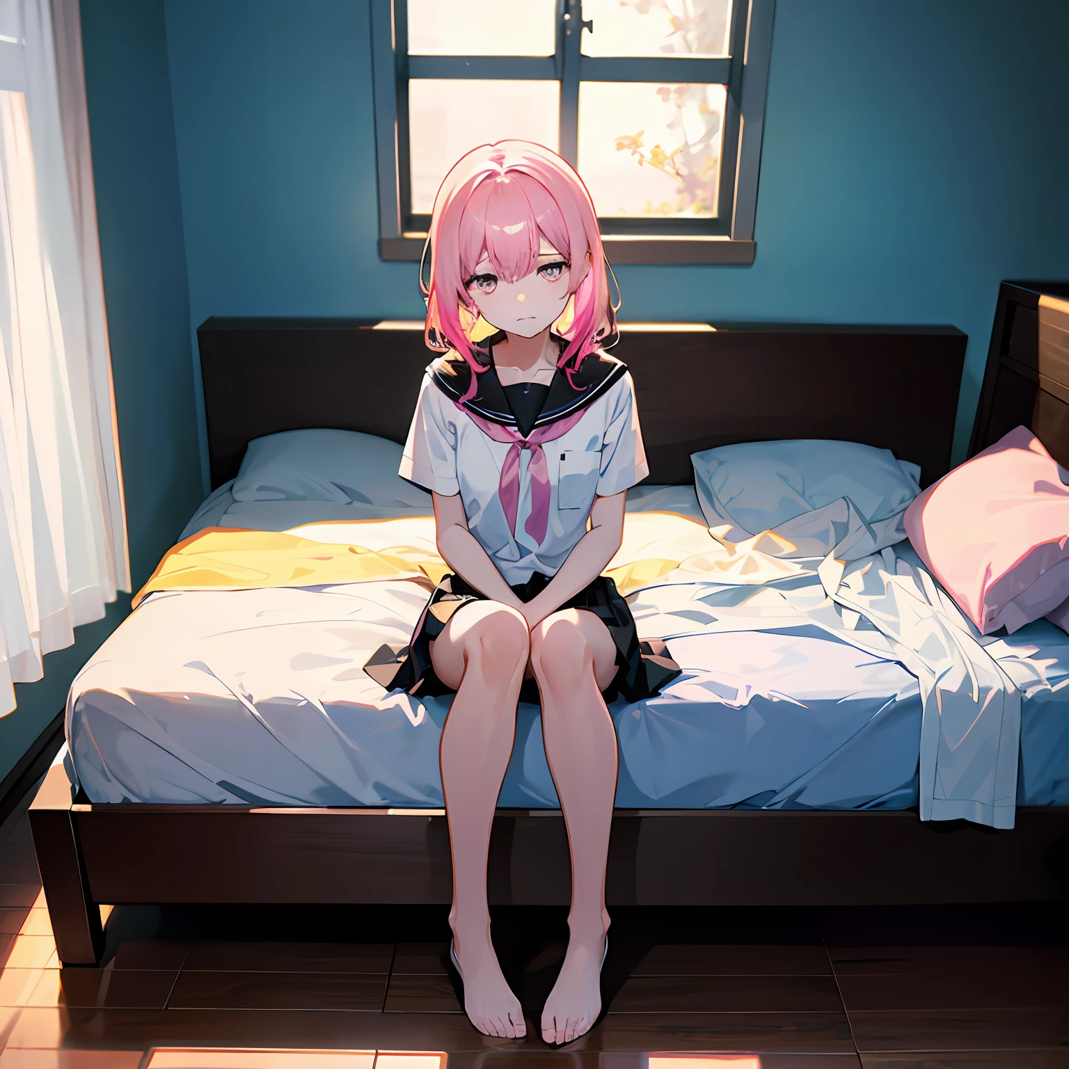 high resolution:1.7, incredibly absurdres, kawaii:1, cute:1.5, hires.fix:1. 5, anime visual:1, incredibly fine illustration, crystal clear white skin, asian girl, sensual, full body, young, , 13 years old, (hair csitting on bed in her room, super depressed, dark face, dark room, depressed state