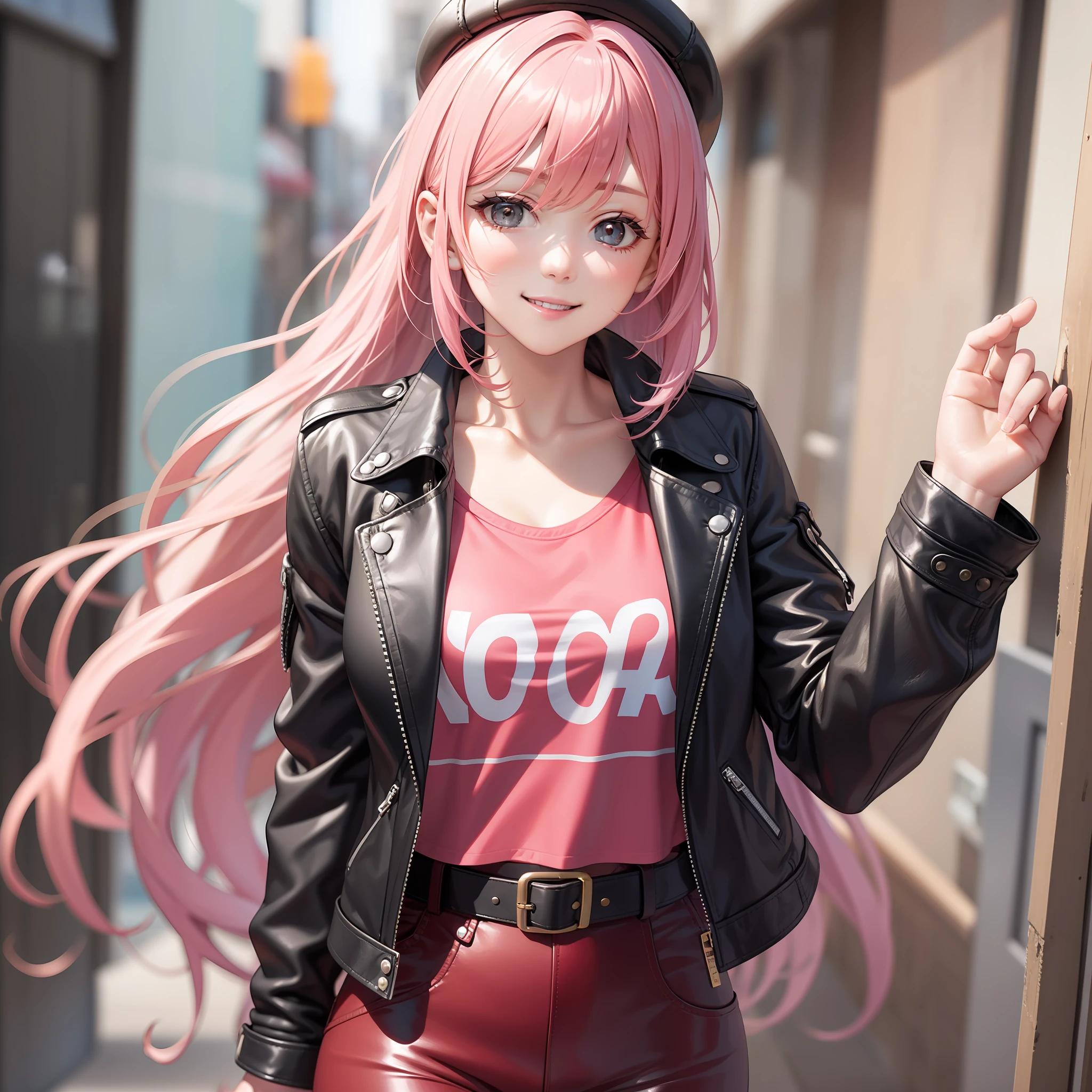 Leather Jacket Leather Jacket Girl Long Hair Pink Hair Smile Top Quality Masterpiece Leather Pants