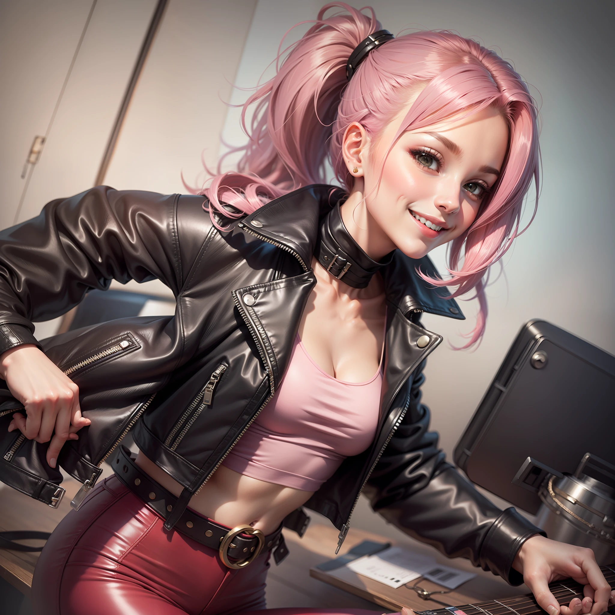 Leather Jacket Leather Jacket Girl Ponytail Pink Hair Smile Top Quality Masterpiece Leather Pants