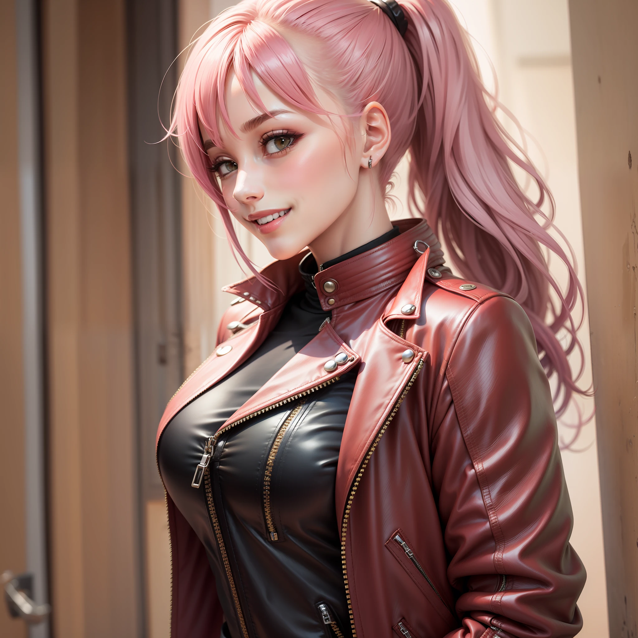 Leather Jacket Leather Jacket Girl Ponytail Pink Hair Smile Top Quality Masterpiece Leather Pants