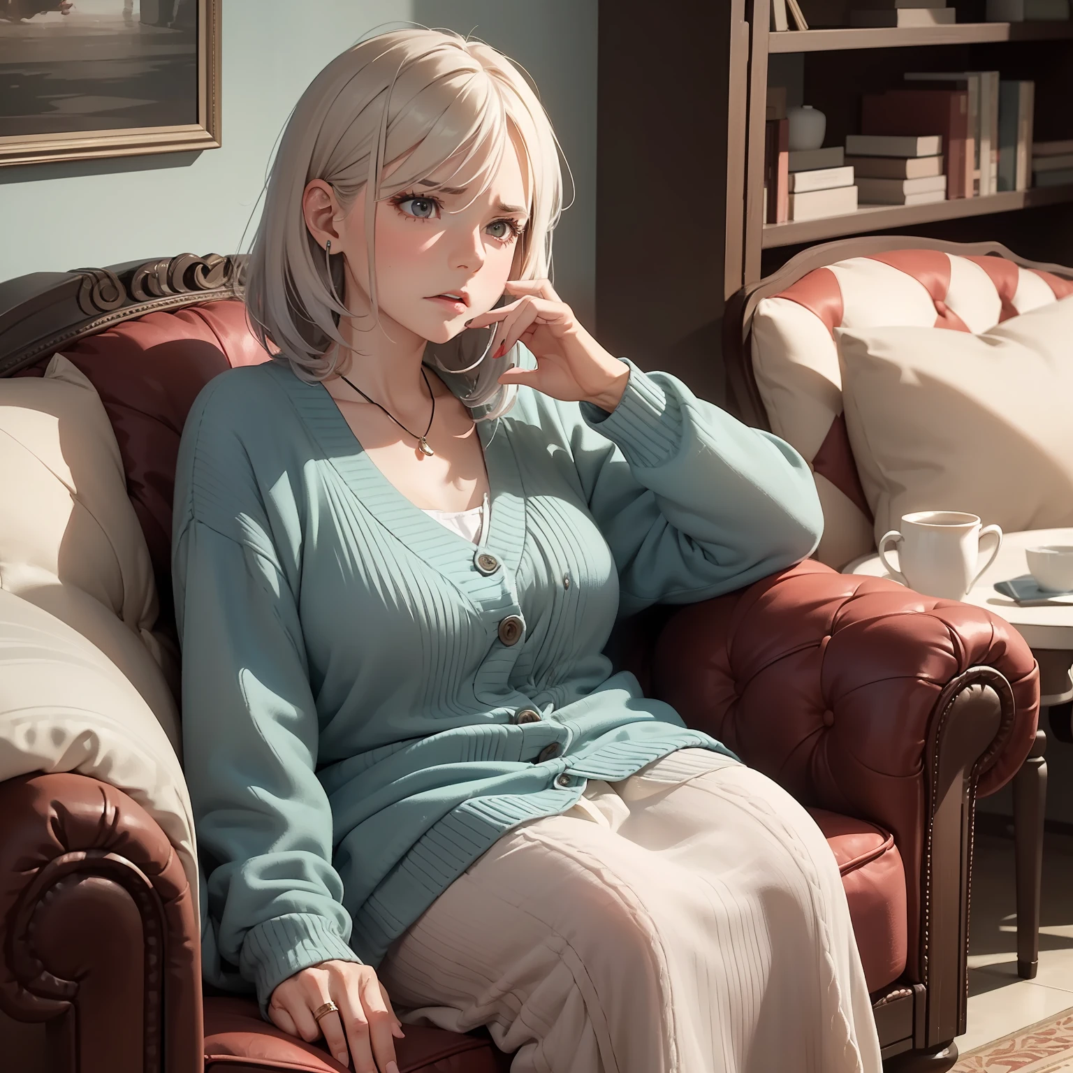 (A plump elderly woman with gray hair is sitting in a well-decorated room: 1.8) (She is wearing a comfortable cardigan and sitting on a cushioned armchair: 1.7) (She is holding a phone to her ear, engaged in a heated conversation: 1.8) (The upper half of her body is visible, showing her expressive gestures: 1.6) (Her face displays an angry expression, indicating her frustration: 1.8)