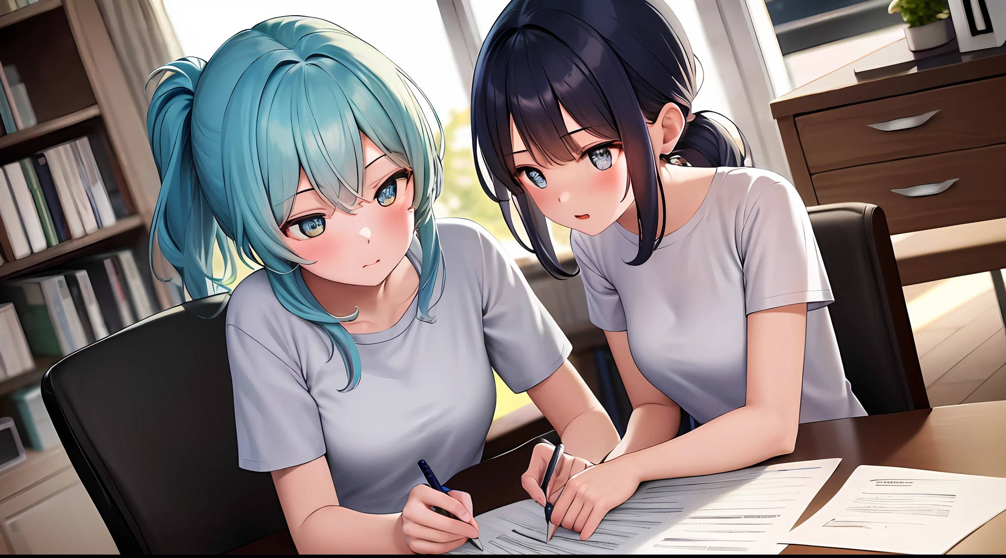 masterpiece, Best quality, High Resolution, One girl, Loose T-shirt, Girl sitting on chair studying drafting at desk, Horizontal angle, Studying seriously, Paperwork, Good luck studying, Drafting, cute, pretty light blue hair, architect, ponytail