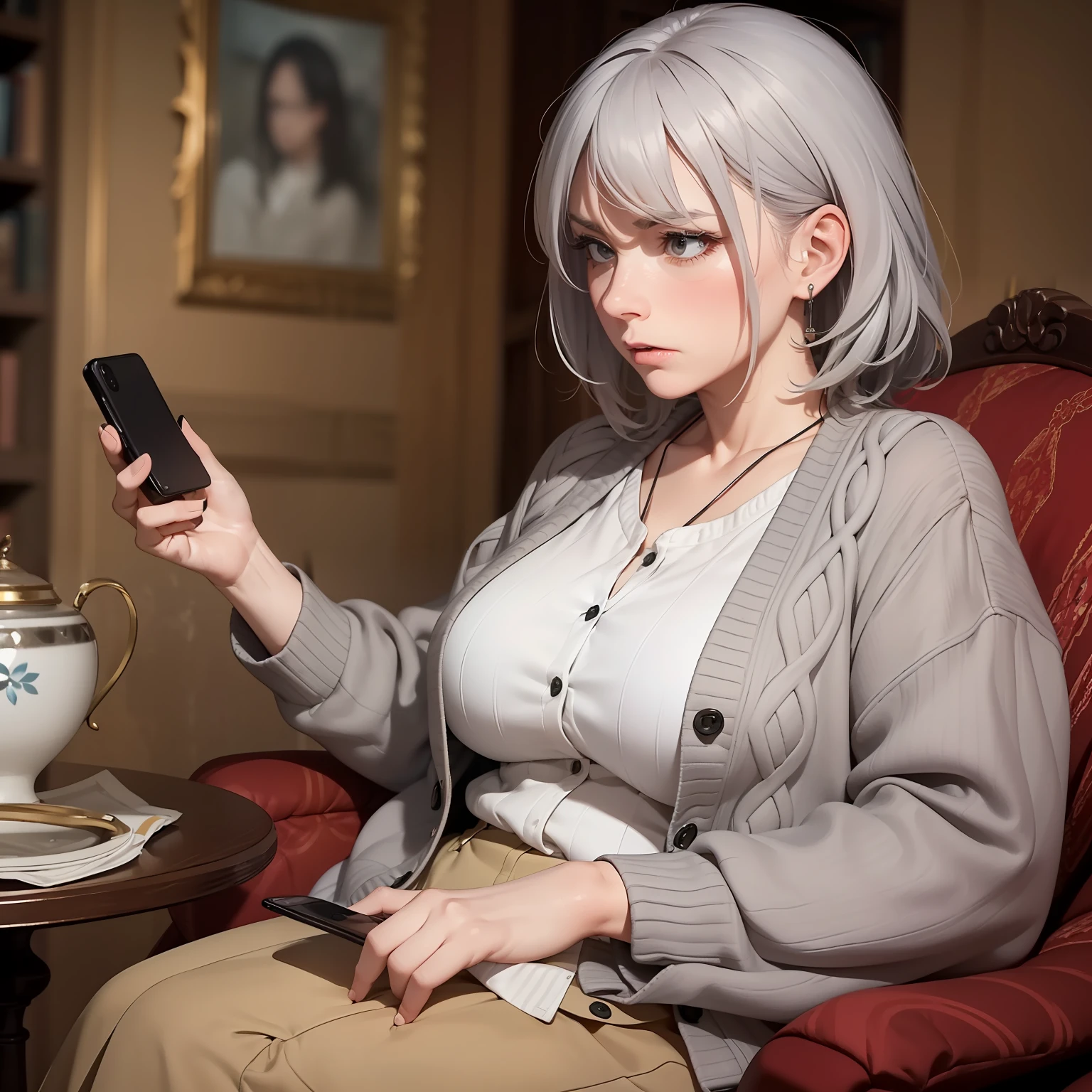 (A plump elderly woman with gray hair is sitting in a well-decorated room: 1.8) (She is wearing a comfortable cardigan and sitting on a cushioned armchair: 1.7) (She is holding a phone to her ear, engaged in a heated conversation: 1.8) (The upper half of her body is visible, showing her expressive gestures: 1.6) (Her face displays an angry expression, indicating her frustration: 1.8)