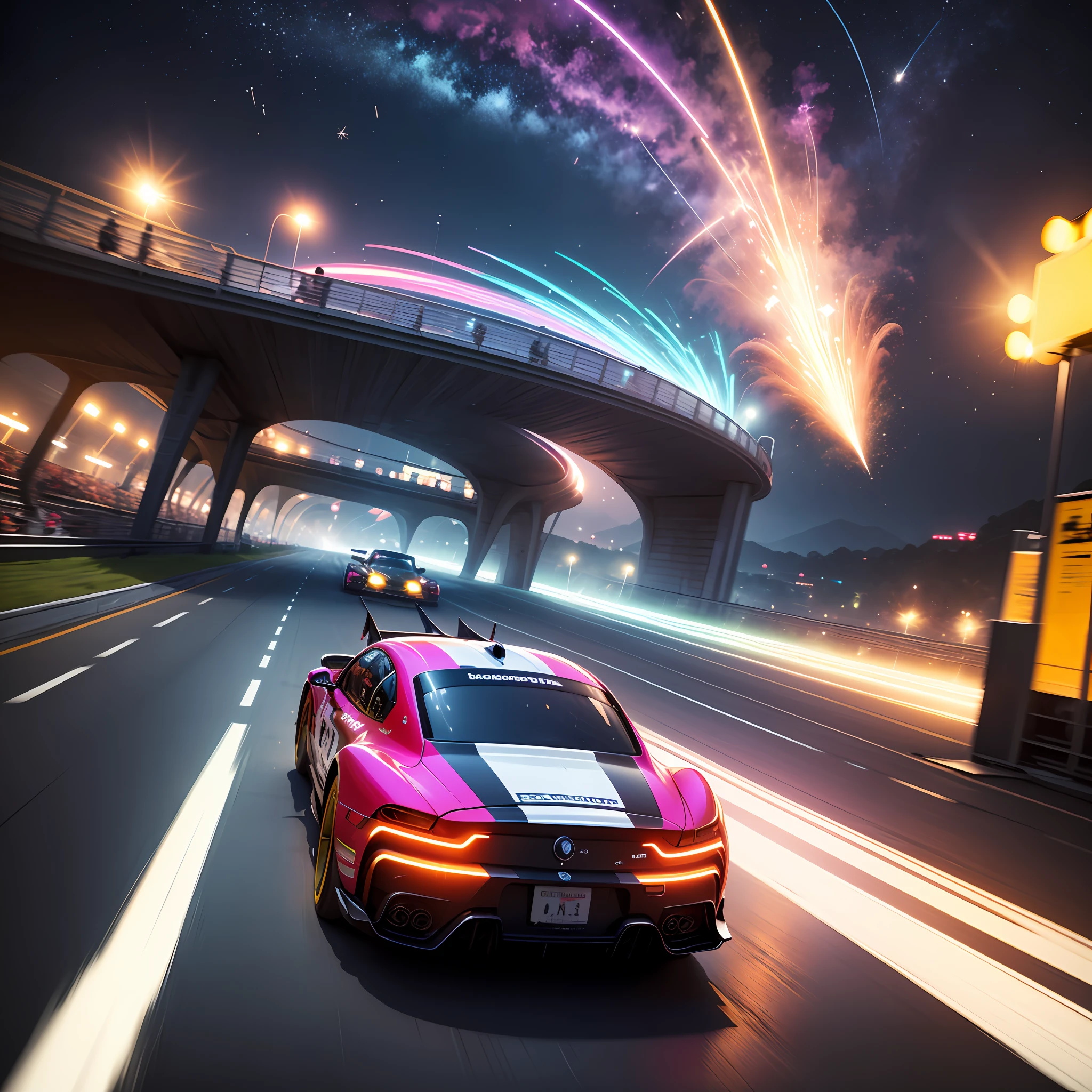 On an otherworldly racing track, the winding track is surrounded by mysterious magical powers. Racers fly high in the air in dazzling flying cars. The wake of the speeding car leaves a rainbow-colored light track, like a fantastic shooting star across the night sky, giving people unparalleled shock and pleasure. --auto