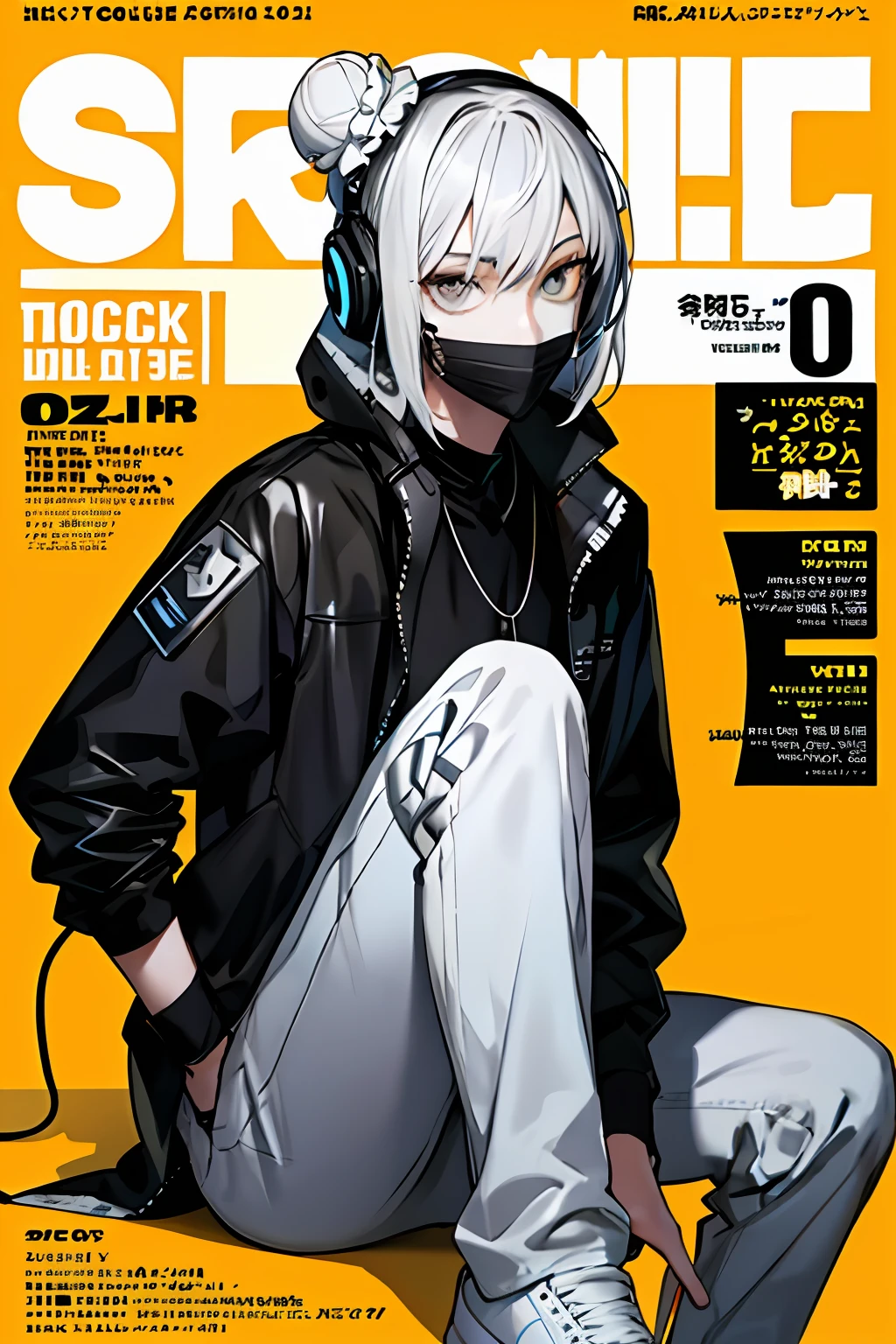(magazine cover:1.3),ulzzang-6500, (realistic: 1.3) (original: 1.2), masterpiece, best quality, beautiful clean face, fullbody, 1woman, (wearing black and white and cobalt scifi techmask and headphones with complex electronics), wearing black techwear jacket and orange trousers with buckle and tape, (crystal necklace), posing for a picture, (white braided bun hair),